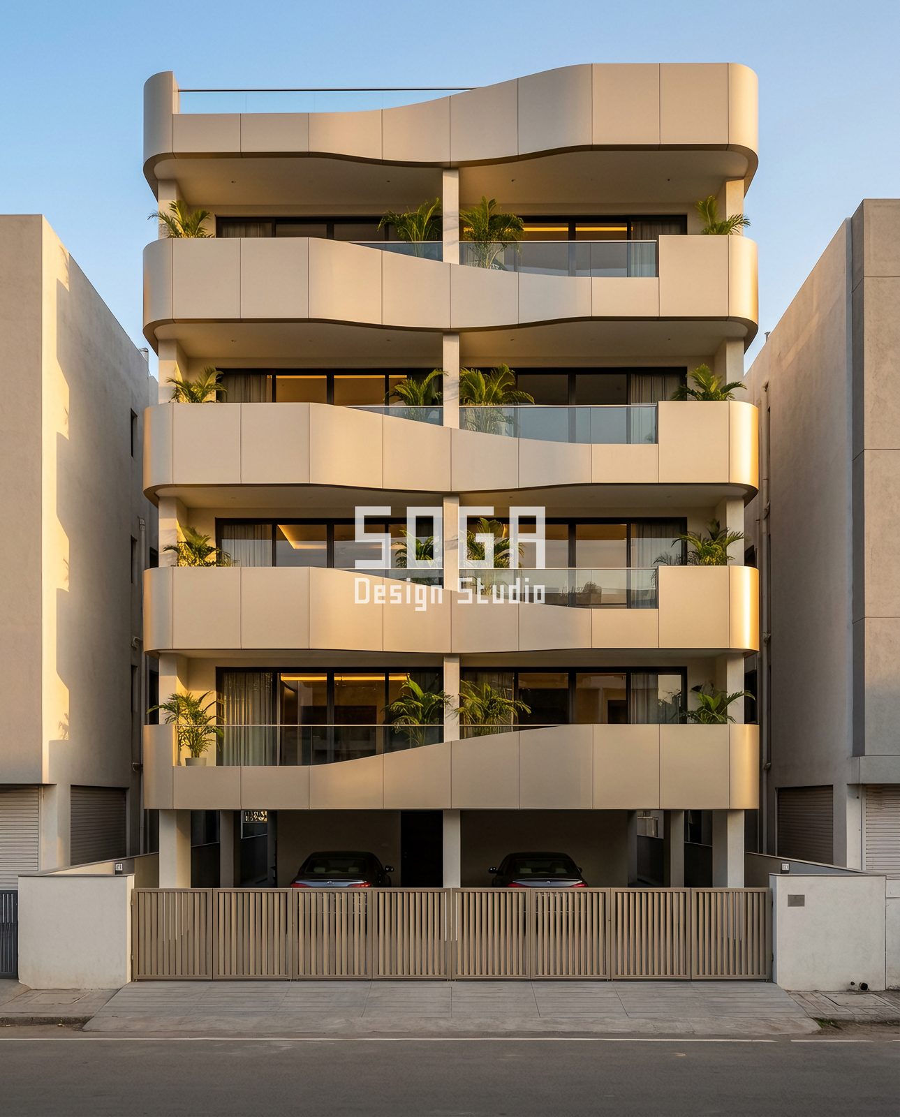 Slat and Fin Facade Ideas India: 4 Concepts for Shops and Homes 3 Stilt-plus-four apartment block in India at golden hour with four wave-form cream balcony bands and a slatted gate