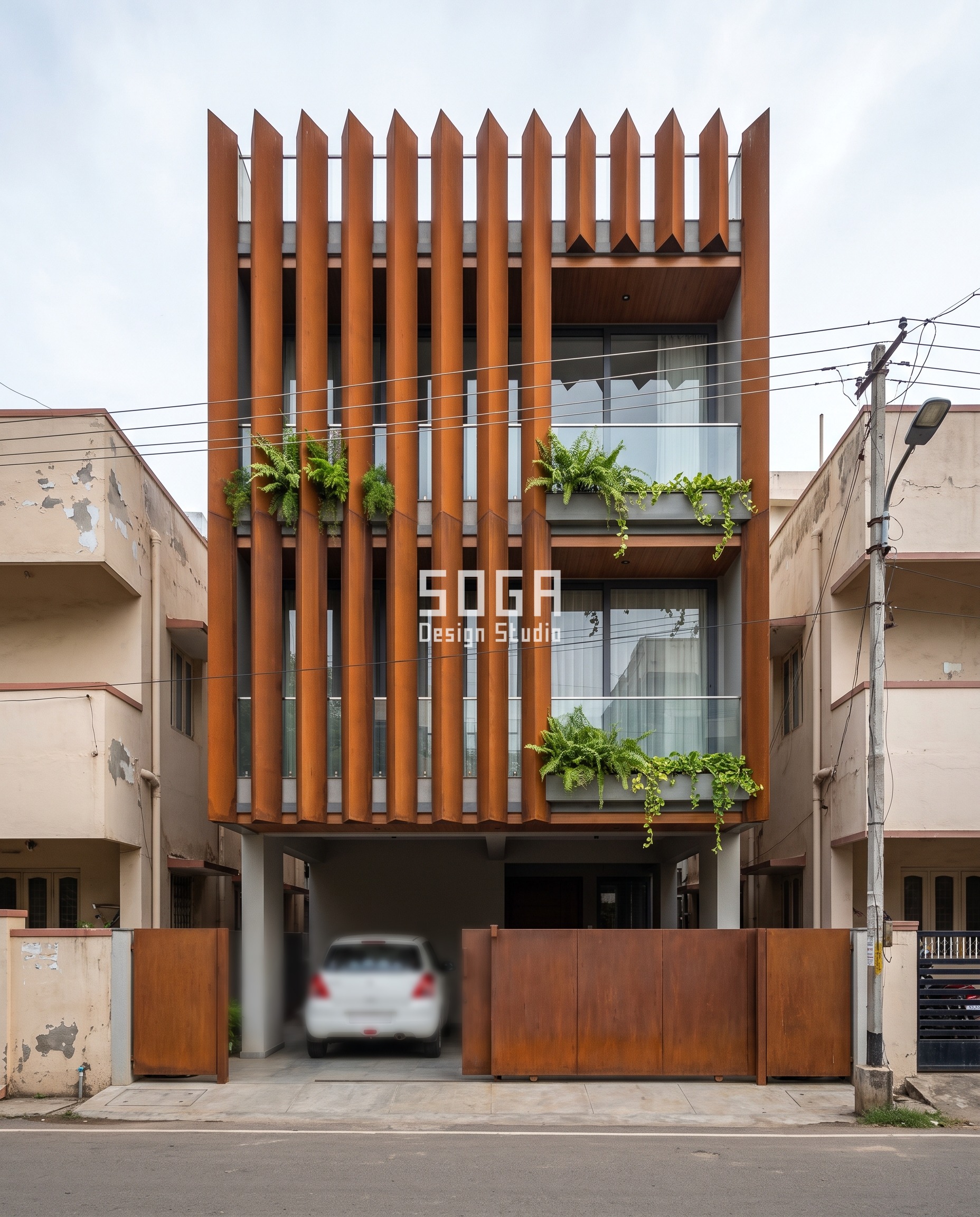 House Plot Sizes in India 2026: 30x40 to 50x80 Facades 2 20x30 plot front elevation in Chennai - A run of deep fins, read as one pleated column - SOGA Design Studio
