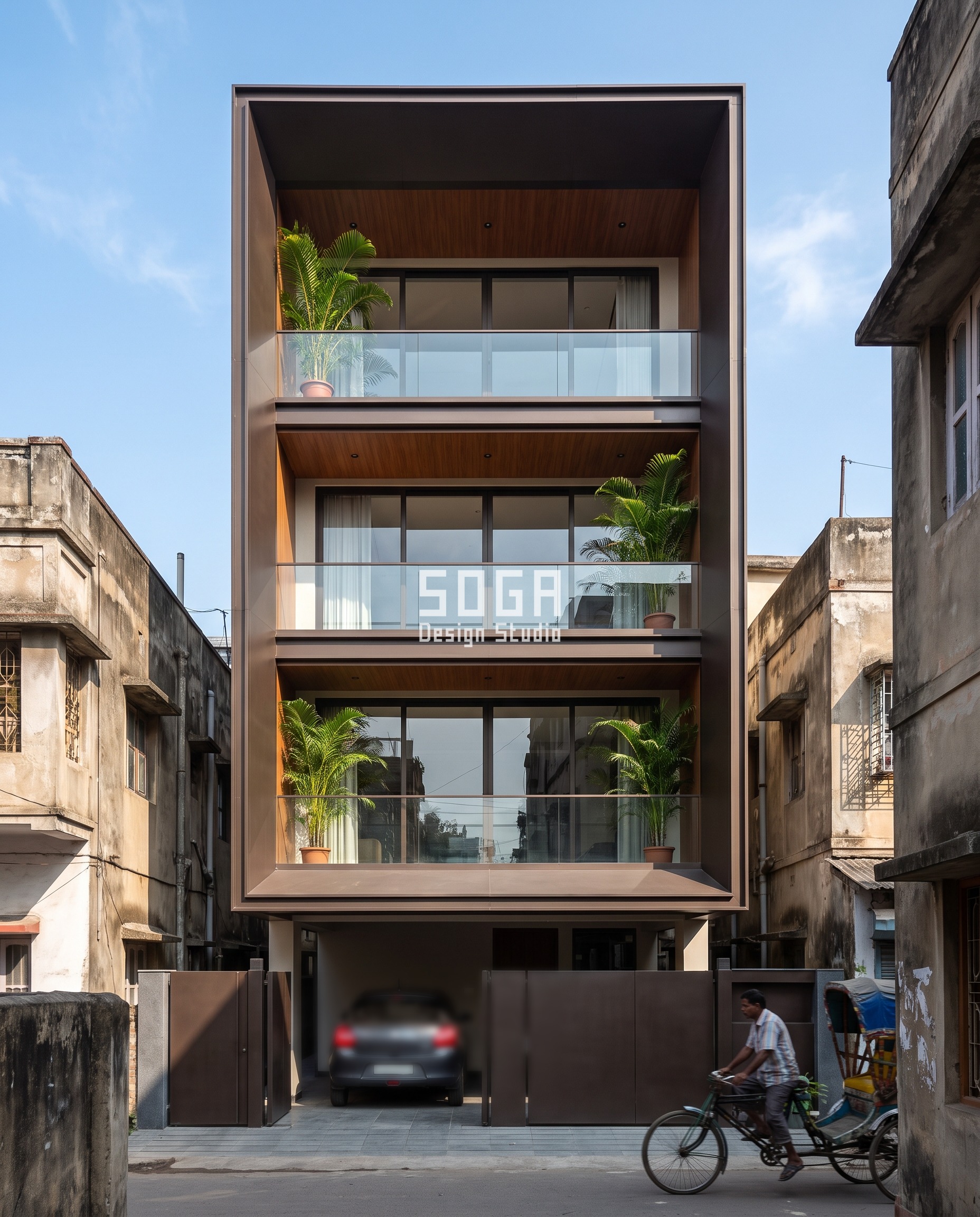 House Plot Sizes in India 2026: 30x40 to 50x80 Facades 4 20x30 plot front elevation in Kolkata - One deep portal frame around the whole face - SOGA Design Studio