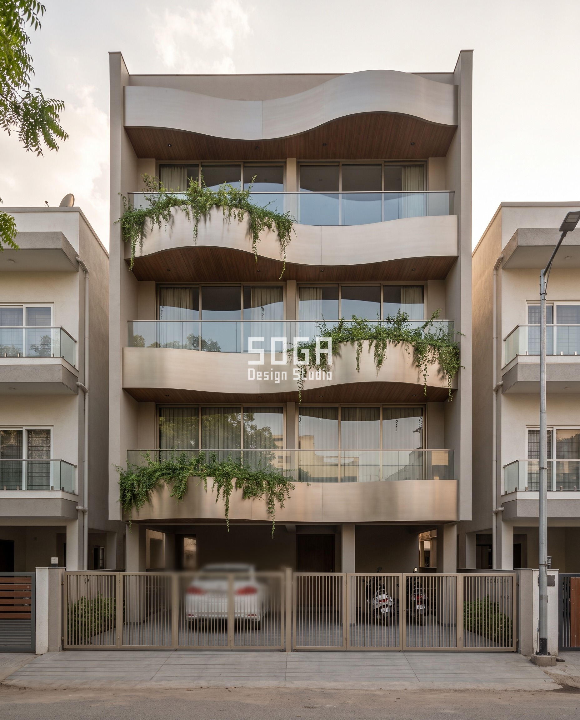 House Plot Sizes in India 2026: 30x40 to 50x80 Facades 5 25x40 plot front elevation in Ahmedabad - A slab-edge ribbon that ripples across both bays - SOGA Design Studio