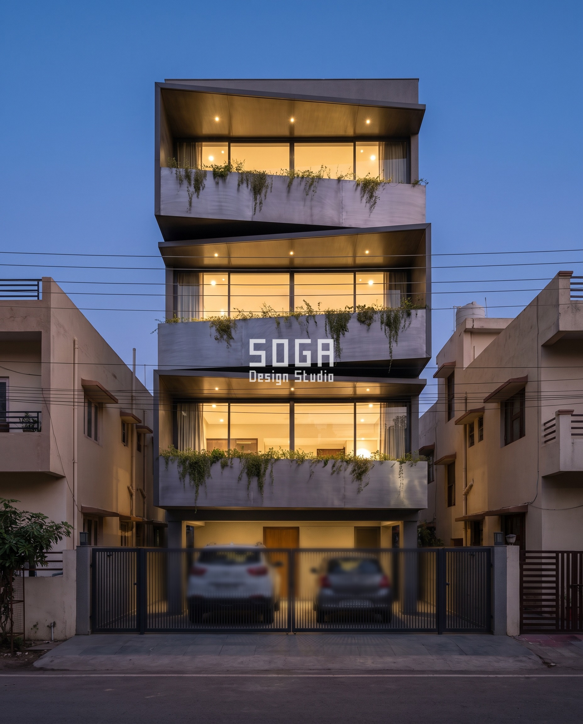 House Plot Sizes in India 2026: 30x40 to 50x80 Facades 7 25x40 plot front elevation in Indore - Floor trays rotated within the setback - SOGA Design Studio