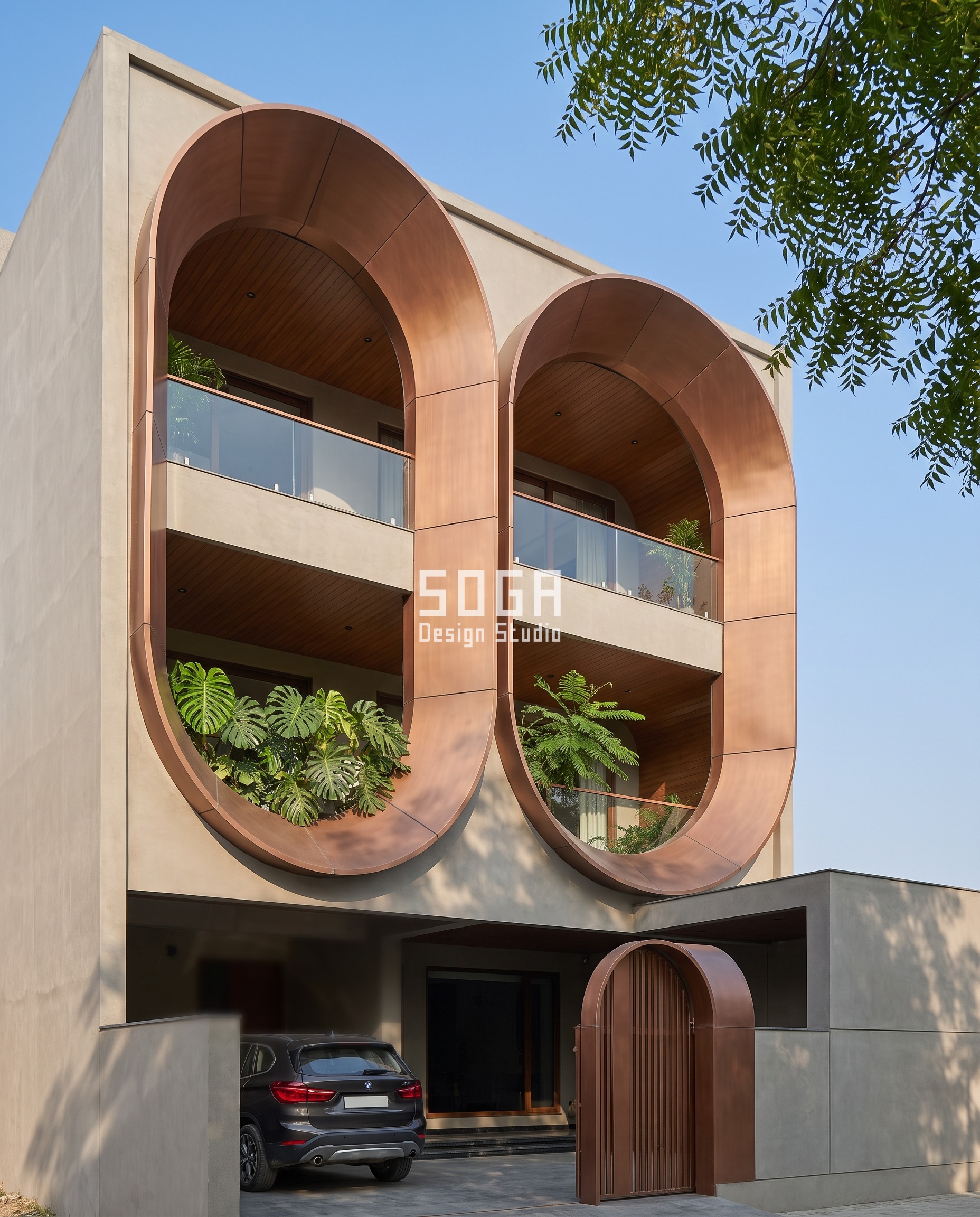 House Plot Sizes in India 2026: 30x40 to 50x80 Facades 6 25x40 plot front elevation in Lucknow - Two tall arches, one per bay - SOGA Design Studio