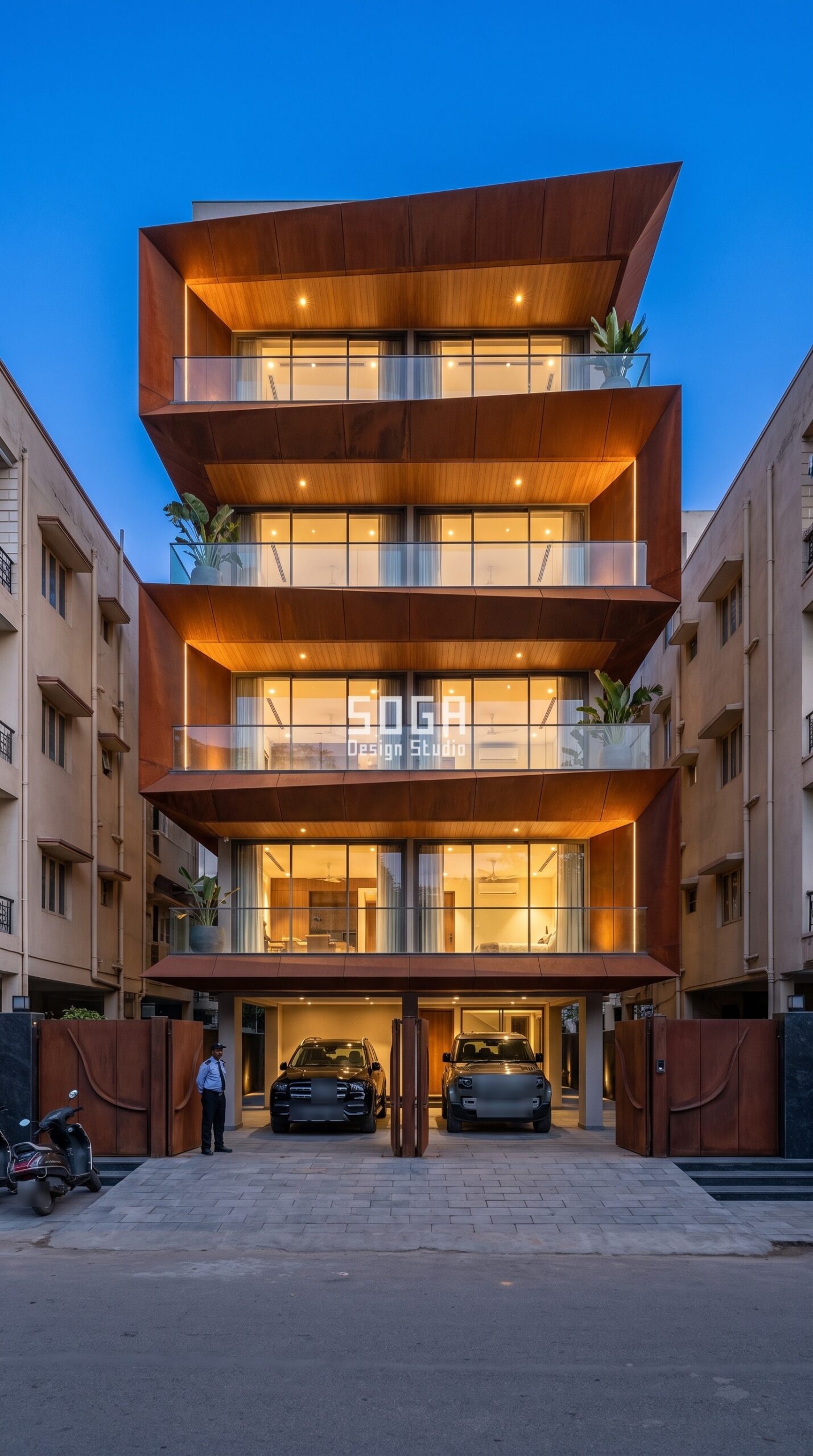 30 Feet Facade Design India 2026: Which System Fits 3 Rotated Faceted Trays / Smooth corten facade, Hyderabad (Jubilee Hills) - SOGA Design Studio