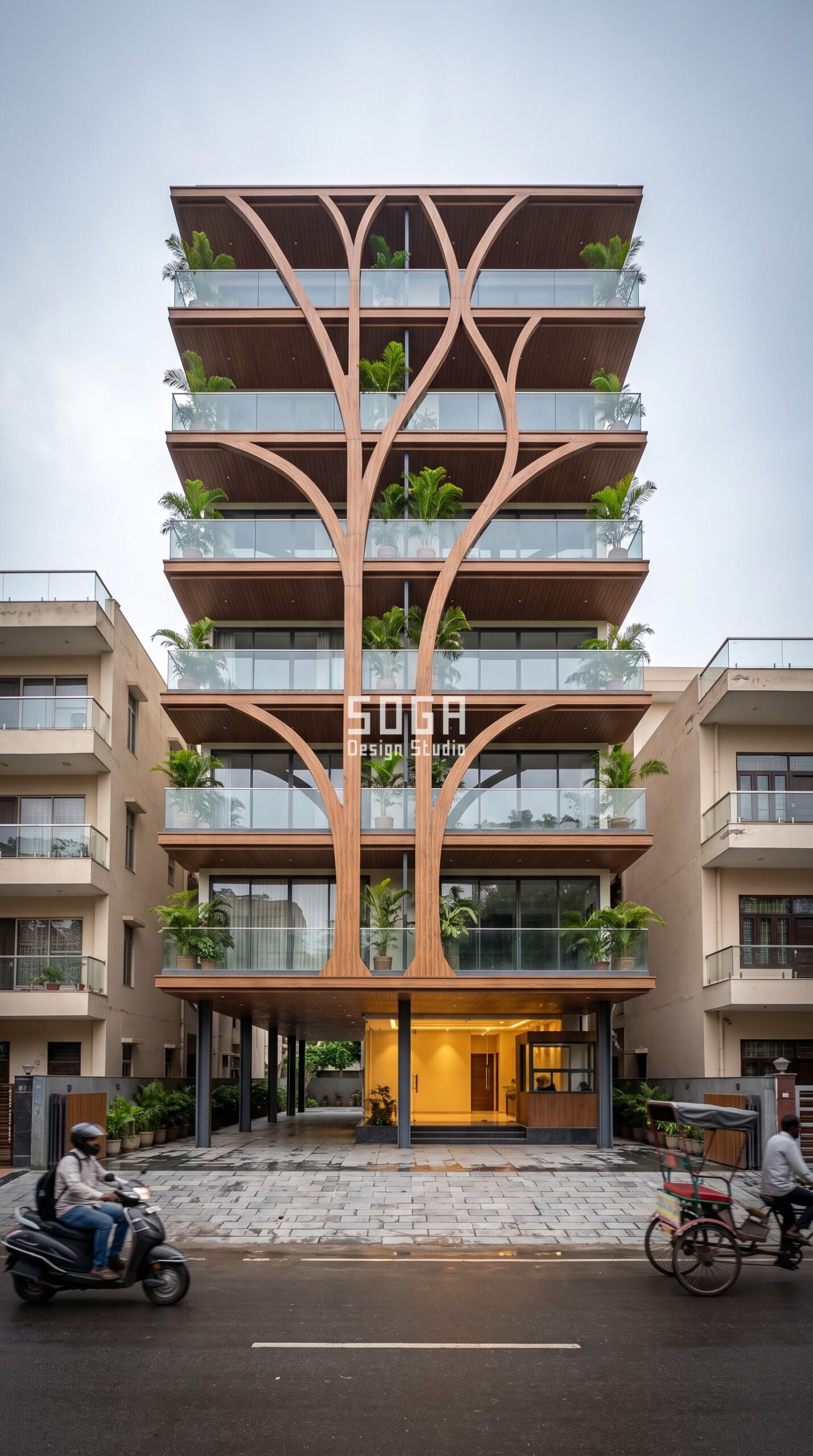 30 Feet Facade Design India 2026: Which System Fits 4 Tree Columns & Canopies / Smooth teak wood-finish alu facade, Jaipur - SOGA Design Studio