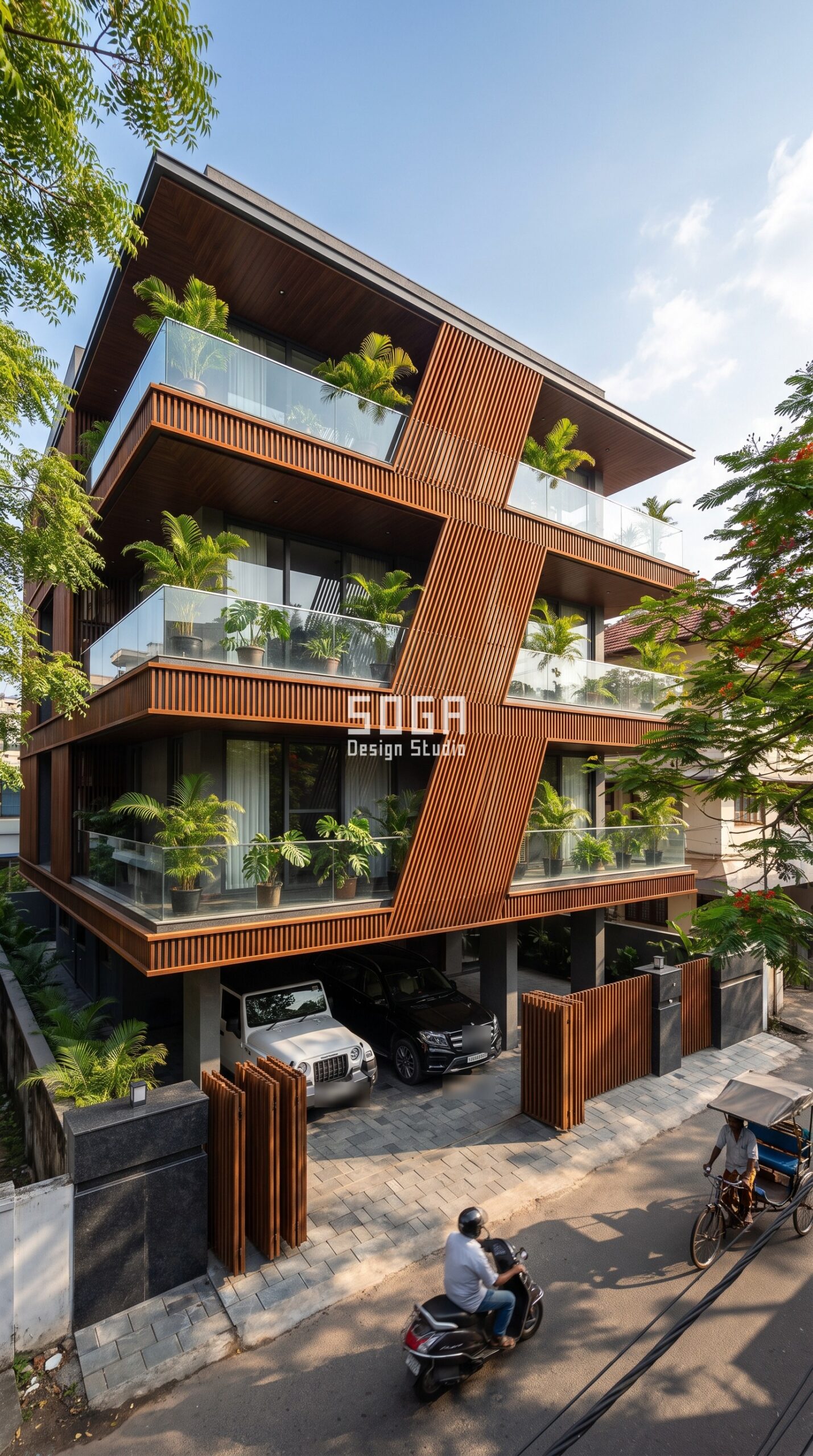 30 Feet Facade Design India 2026: Which System Fits 2 Sweeping S-Ribbon / Fins corten facade, Kochi - SOGA Design Studio