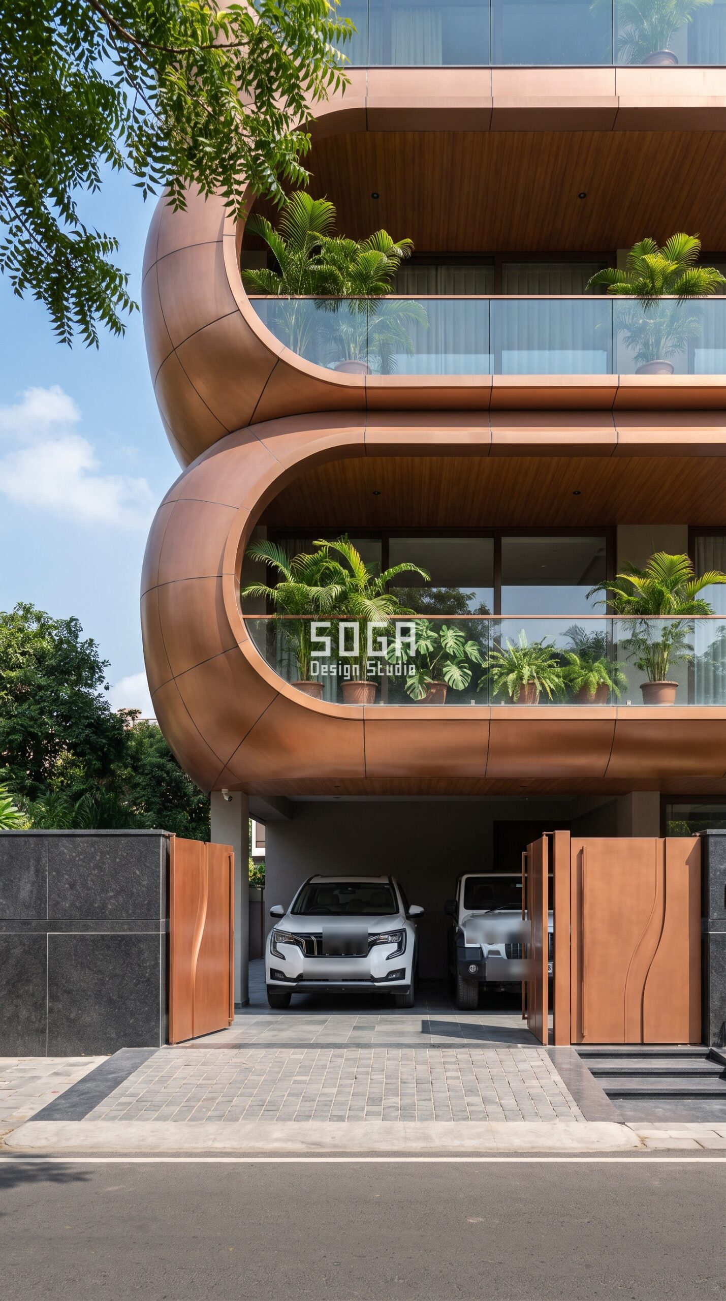 30 Feet Facade Design India 2026: Which System Fits 2 30 feet facade design: full-height copper-bronze loop detail on a narrow plot house in Lucknow - SOGA Design Studio
