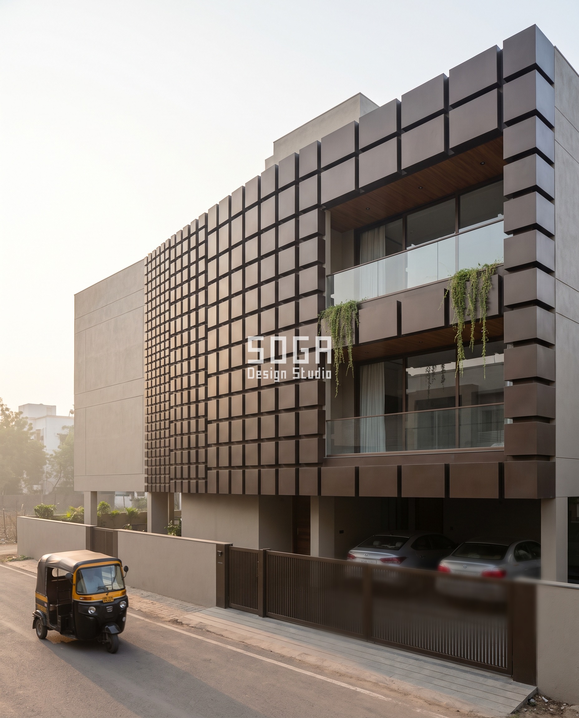 House Plot Sizes in India 2026: 30x40 to 50x80 Facades 9 30x40 plot front elevation in Surat - A block field that grows from brick-sized to door-sized - SOGA Design Studio