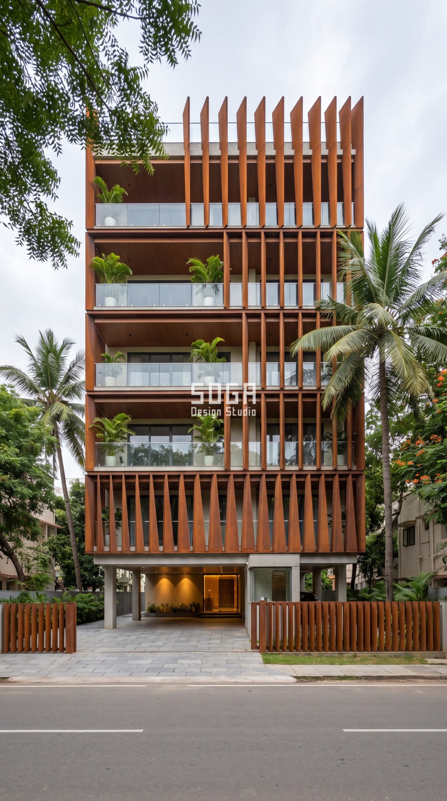 Twisting / Tapered Fins / Fins corten facade, Chennai - SOGA Design Studio