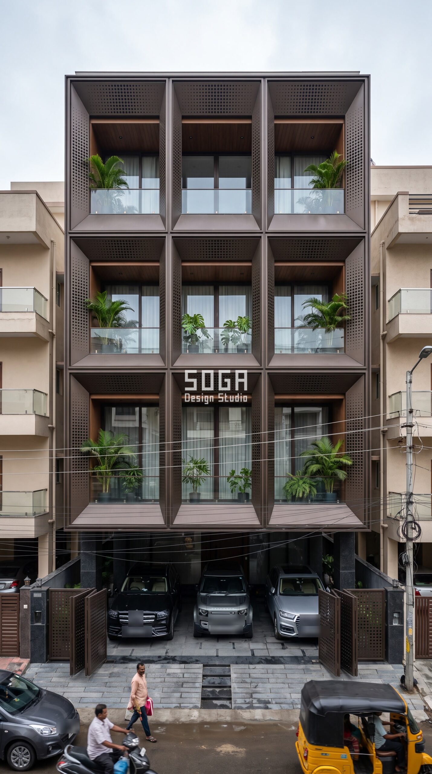 Origami Frames & Exoskeleton / Perforated bronze facade, Hyderabad (Jubilee Hills) - SOGA Design Studio