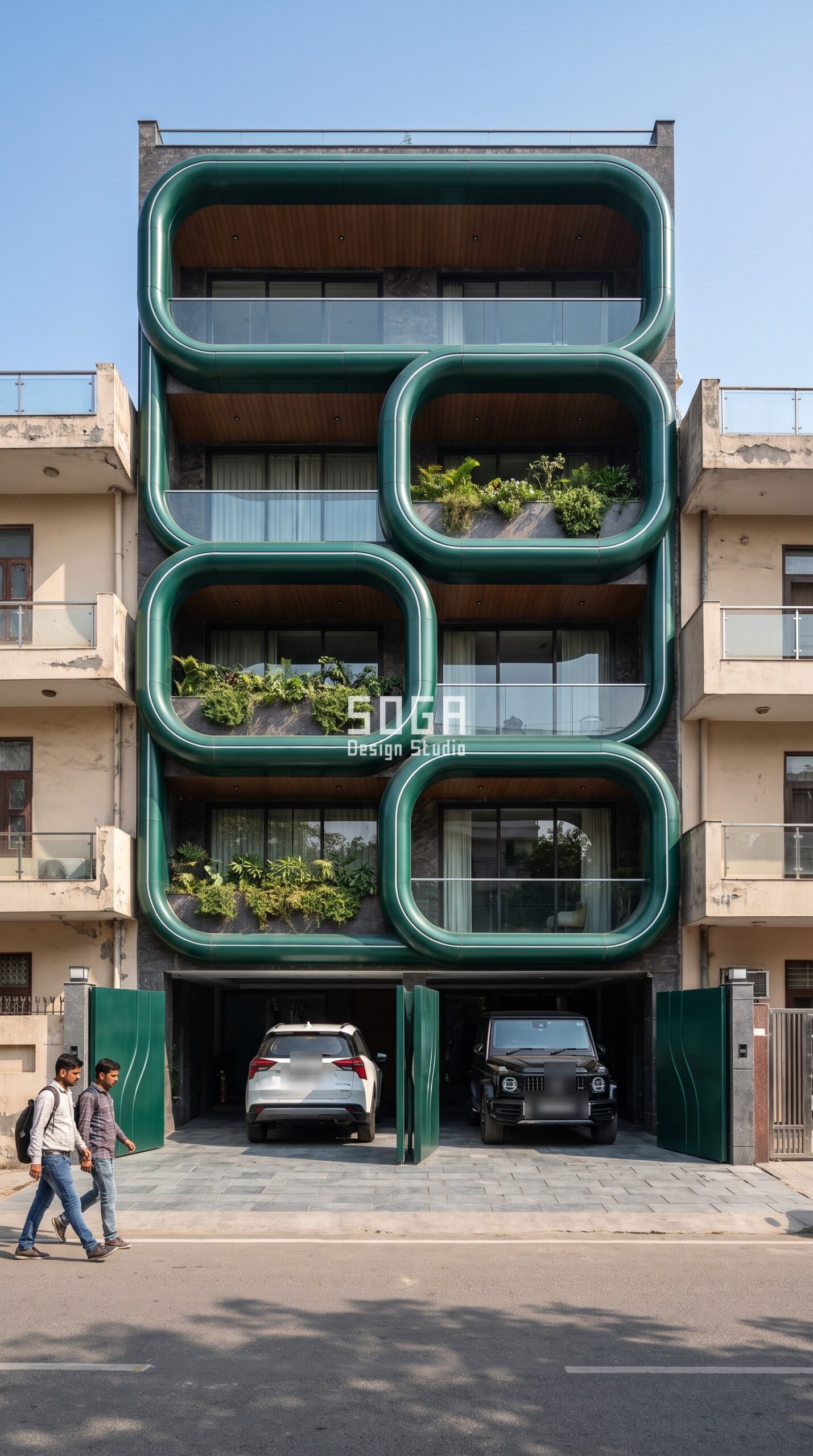40 Feet Front Elevation Design India 2026: Metal Ideas 3 40 feet front elevation design in South Delhi with staggered emerald metallic balcony loops - SOGA Design Studio