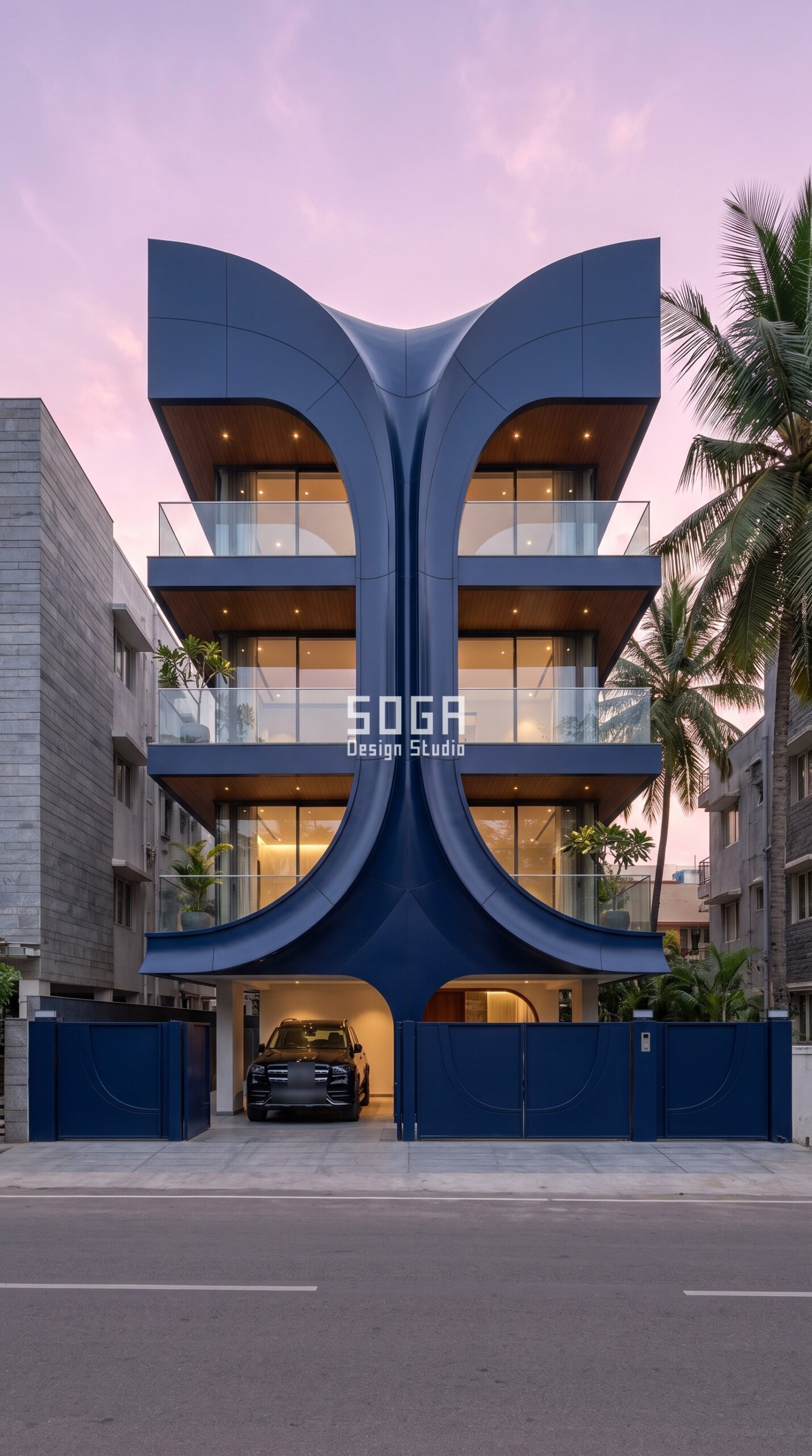50 Feet Front Elevation Design India 2026: Wide Plots 1 50 feet front elevation design in Bengaluru: one continuous navy sculpted surface meeting at a single crest - SOGA Design Studio