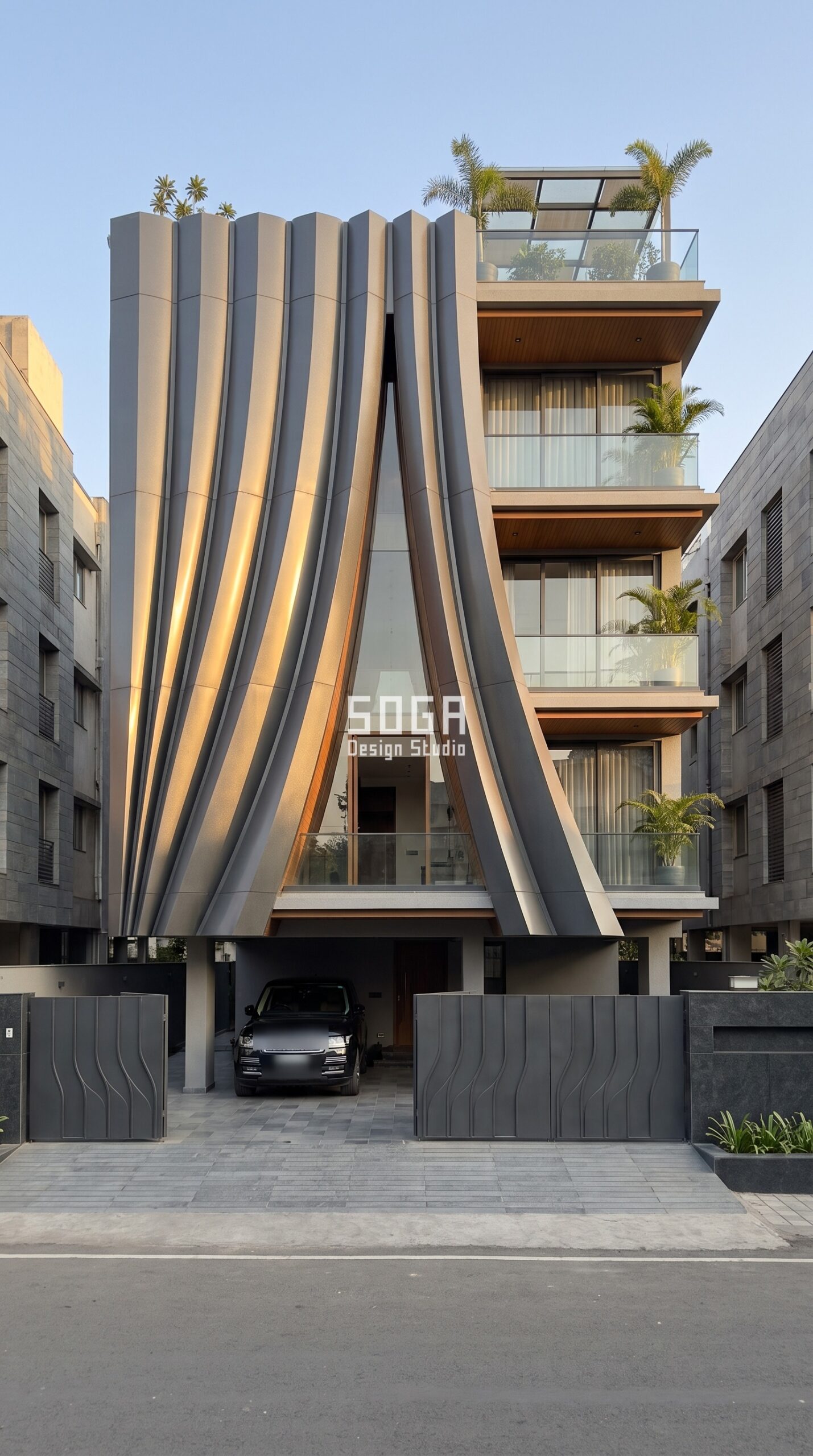 Fabric Drape / Curtain / Smooth graphite facade, Pune - SOGA Design Studio