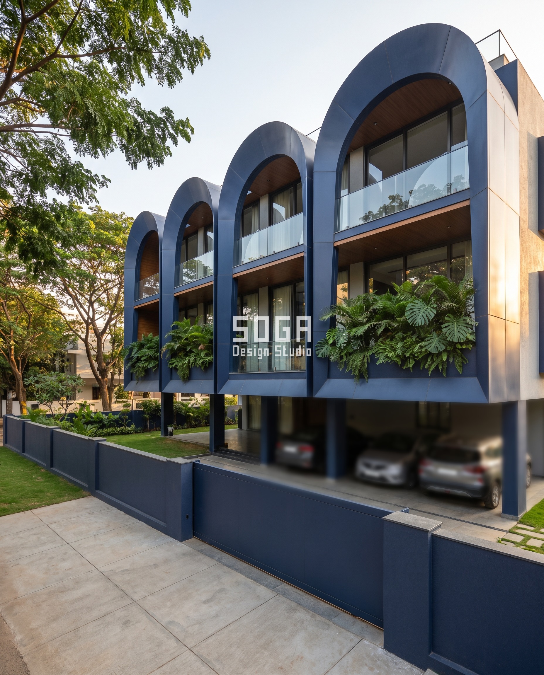 House Plot Sizes in India 2026: 30x40 to 50x80 Facades 14 50x80 plot front elevation in Bengaluru - An arcade of four arches at different heights - SOGA Design Studio