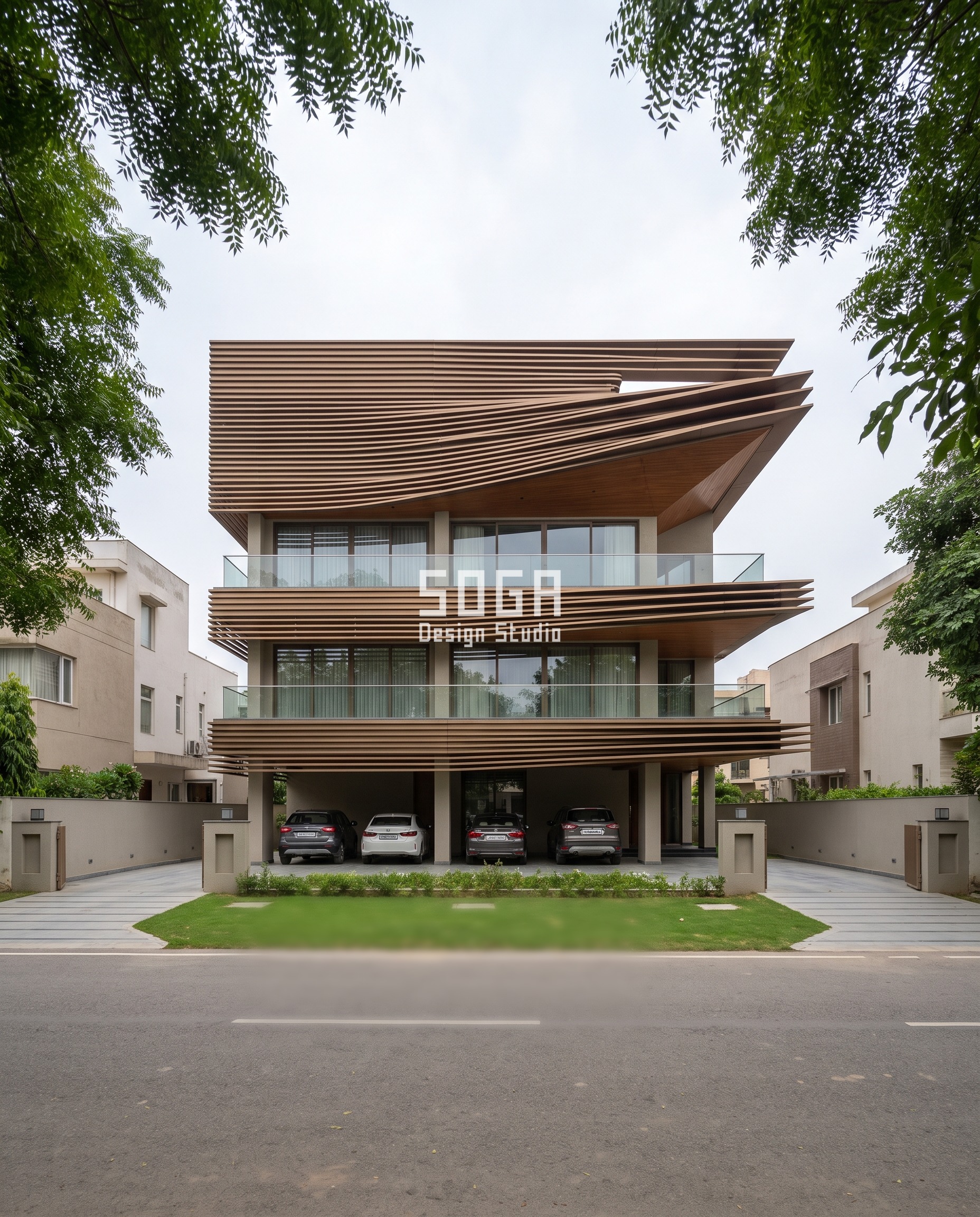House Plot Sizes in India 2026: 30x40 to 50x80 Facades 13 50x80 plot front elevation in Gurugram - A blade line that thickens from a lip into a cantilever - SOGA Design Studio
