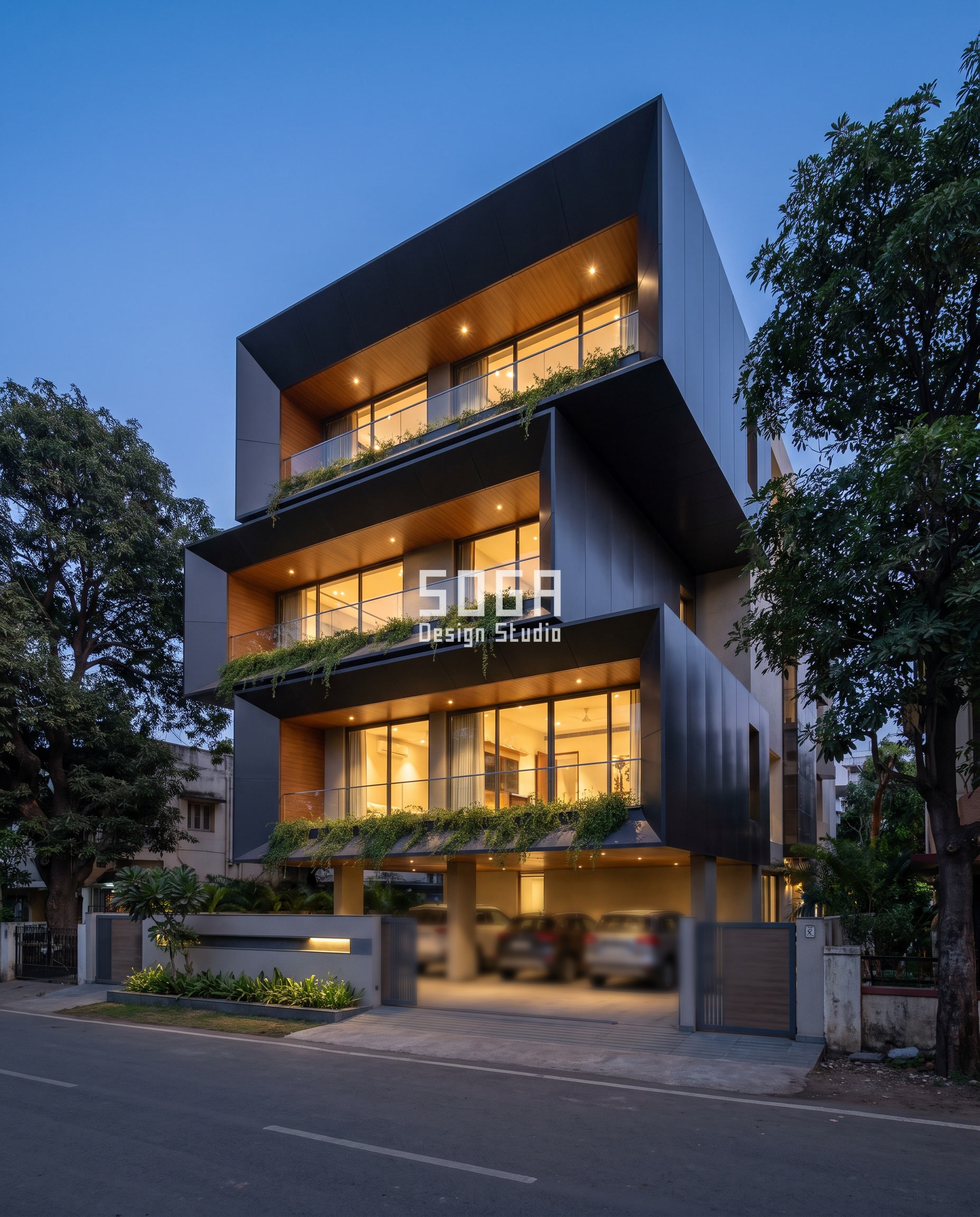 House Plot Sizes in India 2026: 30x40 to 50x80 Facades 15 50x80 plot front elevation in Nagpur - Floors that cantilever further the higher they go - SOGA Design Studio
