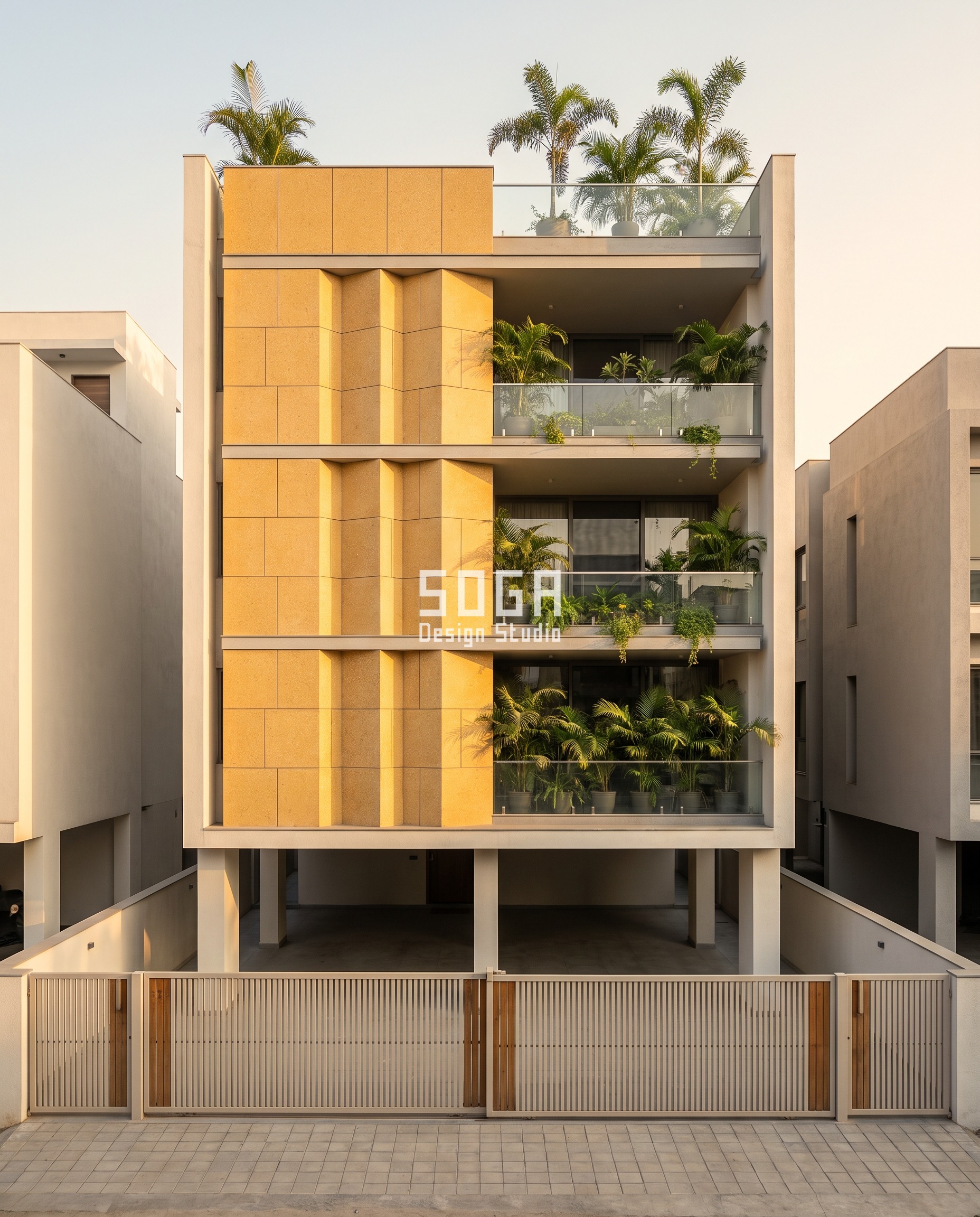 Parametric Bevel Block house on Pij Road, Nadiad in early golden light: marigold-gold precast terrazzo blocks whose chamfered faces widen from square-edged to a 60 degree splay across the coursing - how you change an elevation after slab cast in a coursed stone skin.