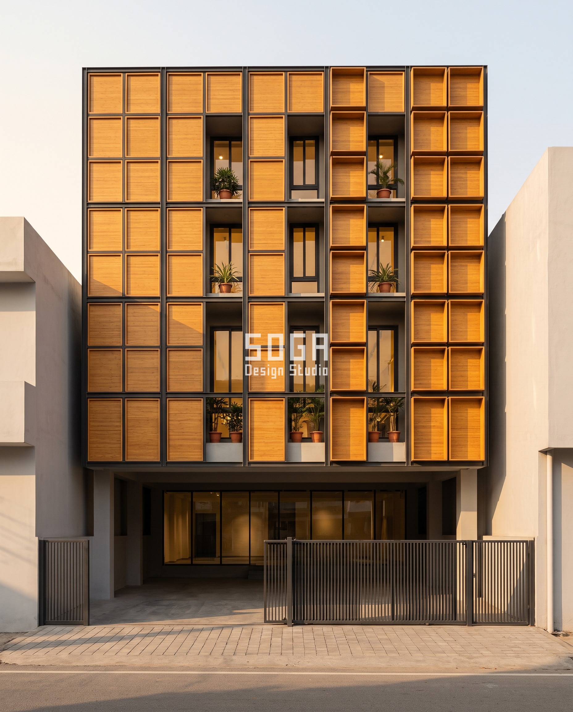 Parametric Push Field boutique showroom on Rampur Road, Haldwani in raking morning sun: amber engineered-bamboo tray boxes standing off the wall in five mullion-separated zones, a coin's thickness at the left and a hand's breadth at the right - a bolt-on elevation change after slab cast.