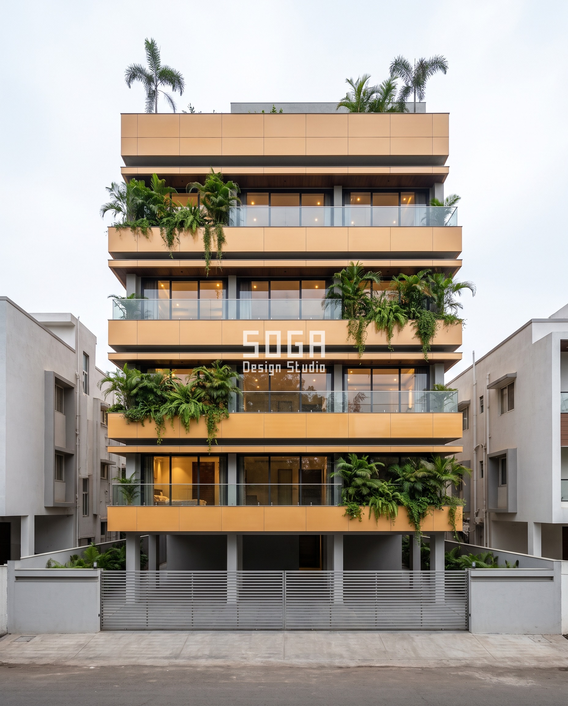 Parametric Recede Tier residence in Ratanlal Plots, Akola under bright overcast: apricot-gold glazed ceramic balcony bands stepping back in accelerating stages to 450 mm at the parapet, ferns and palms spilling over each band - an elevation added after slab cast on the existing frame.