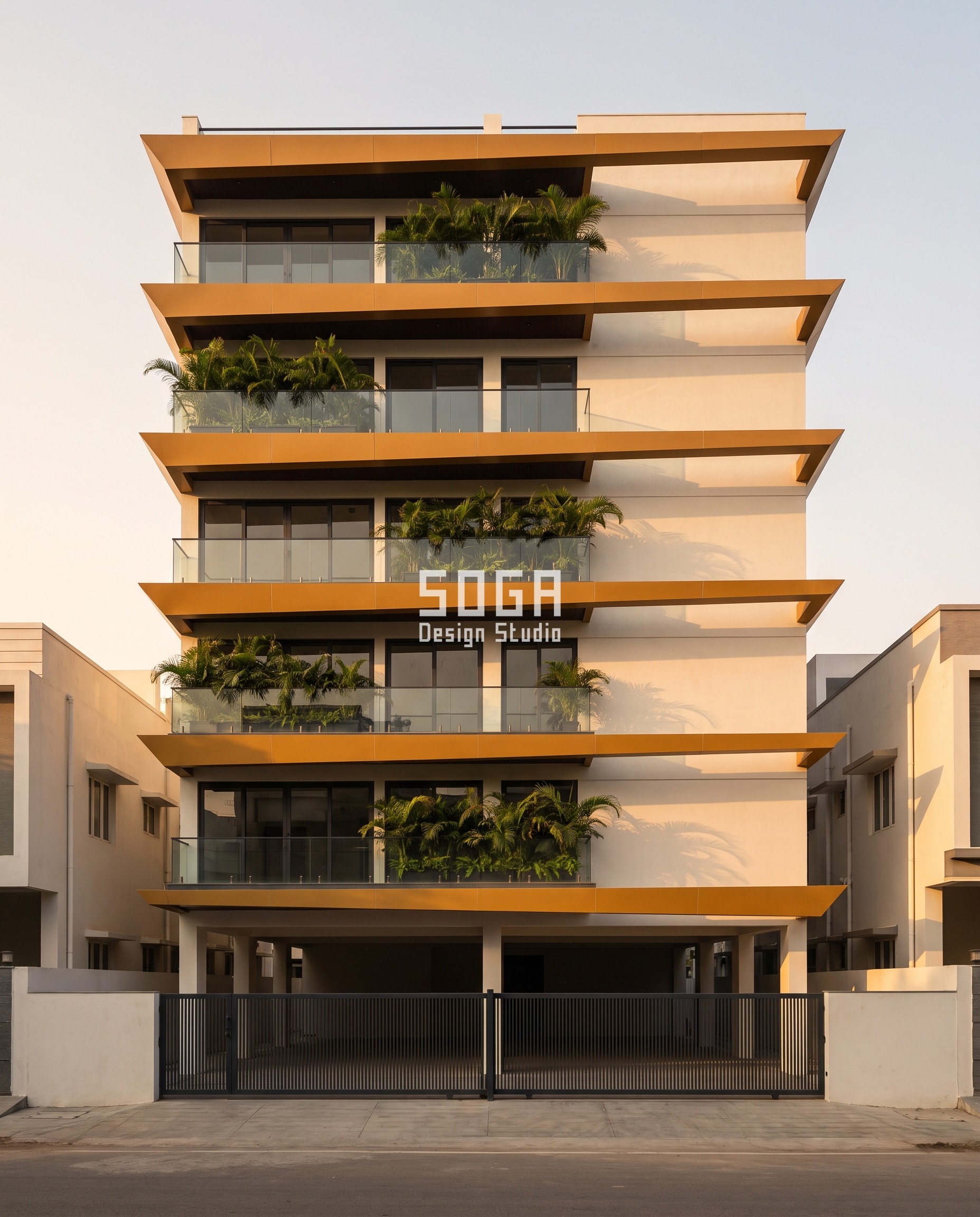 Parametric Wedge Fan facade in Lawyerpet, Ongole in late golden light: honey-amber steel wedge blades tapering 300 mm to 60 mm along each 5.4 m run, the deep end alternating left and right floor by floor up a G+5 elevation reworked after slab cast.