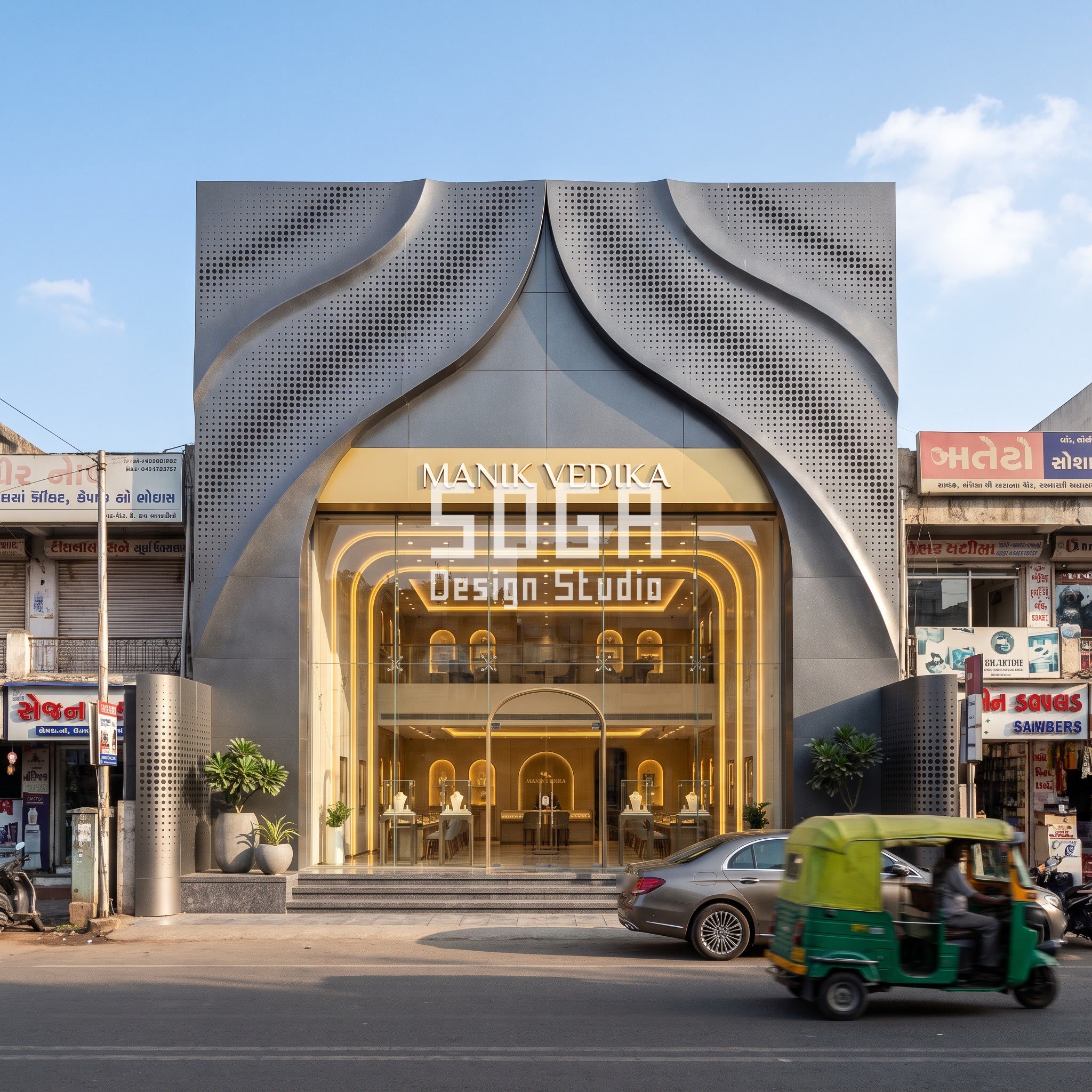 Bazaar Street Facade Design India: The 3-Second Read 2 Jewellery showroom facade Ahmedabad with curved graphite punched-hole panels and arched entrance - SOGA concept
