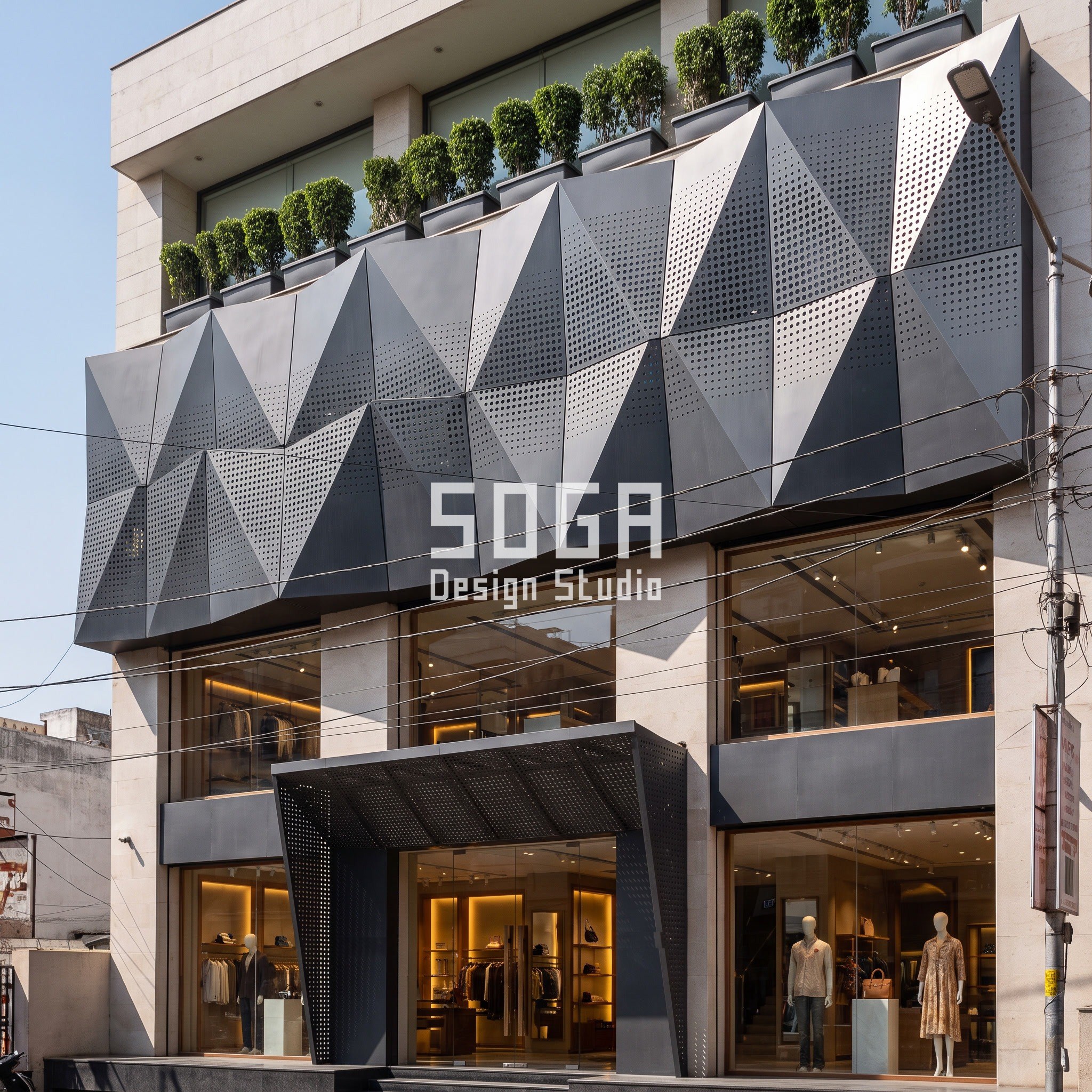Bazaar Street Facade Design India: The 3-Second Read 4 Mixed-use retail facade Jaipur with charcoal folded-plate exoskeleton and punched infill - SOGA concept