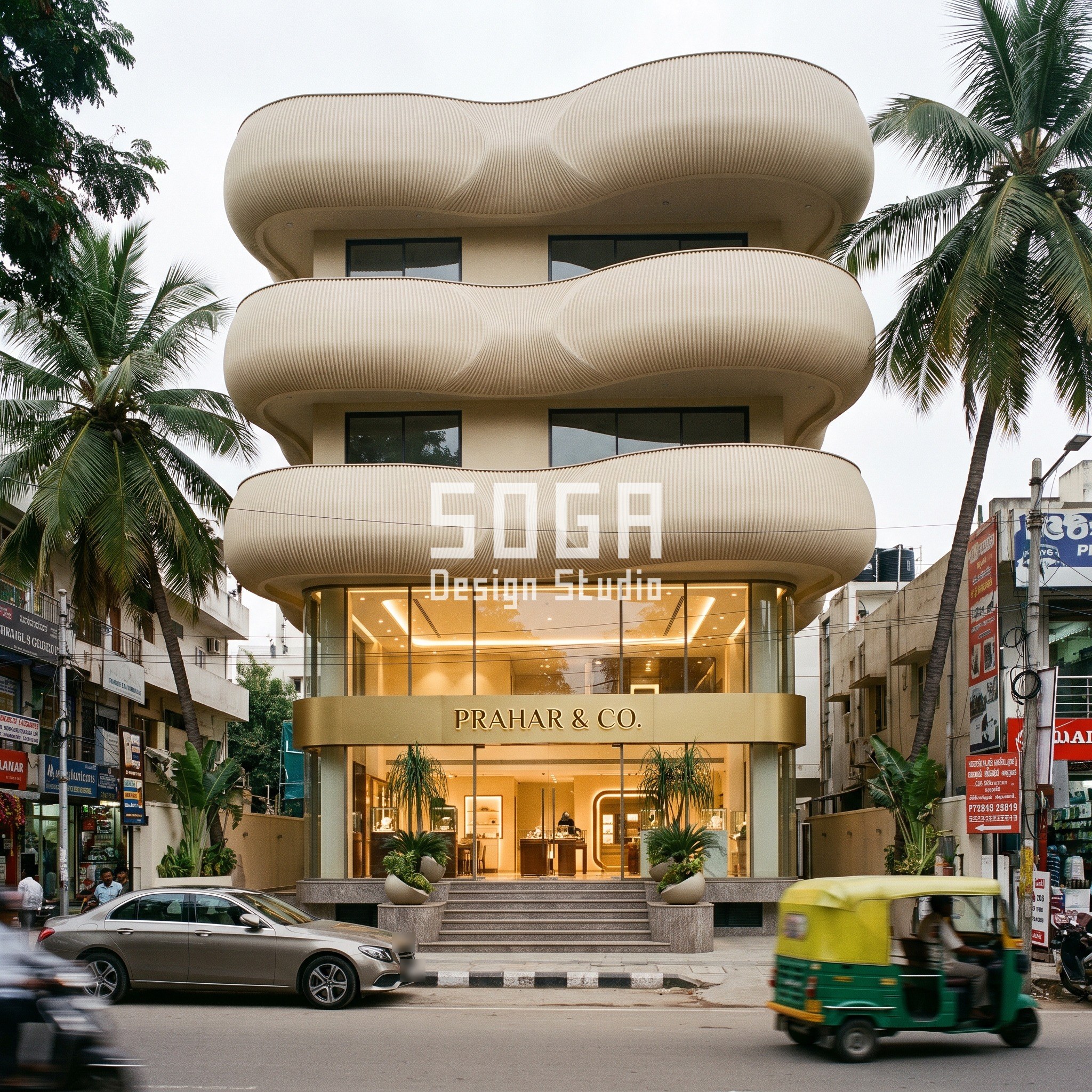 Bazaar Street Facade Design India: The 3-Second Read 7 Watch showroom facade Bengaluru with three ribbed ivory GFRC lobes on a bazaar street - SOGA concept