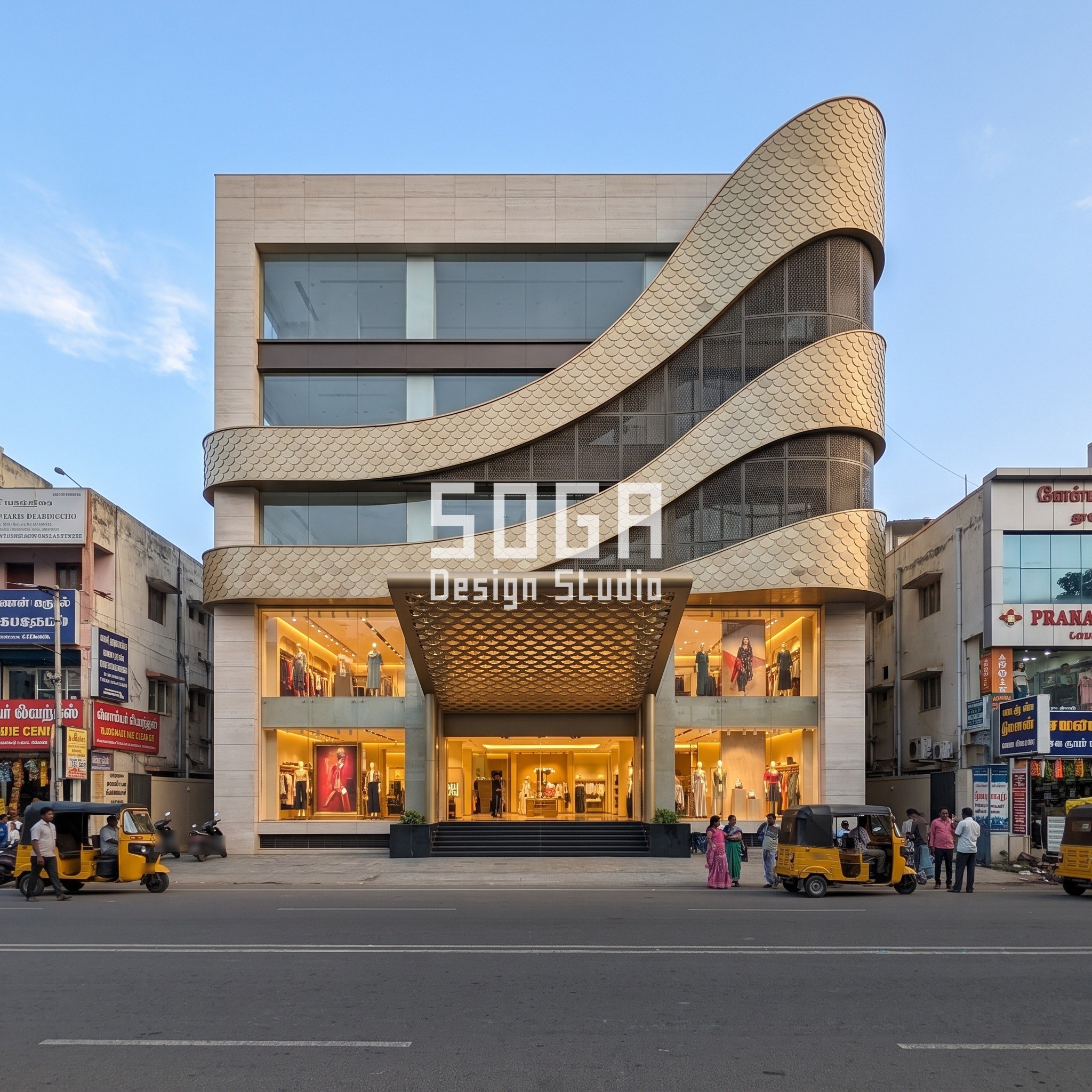 Bazaar Street Facade Design India: The 3-Second Read 3 Mixed-use building facade Chennai with a champagne-gold stainless scale ribbon rising over retail - SOGA concept