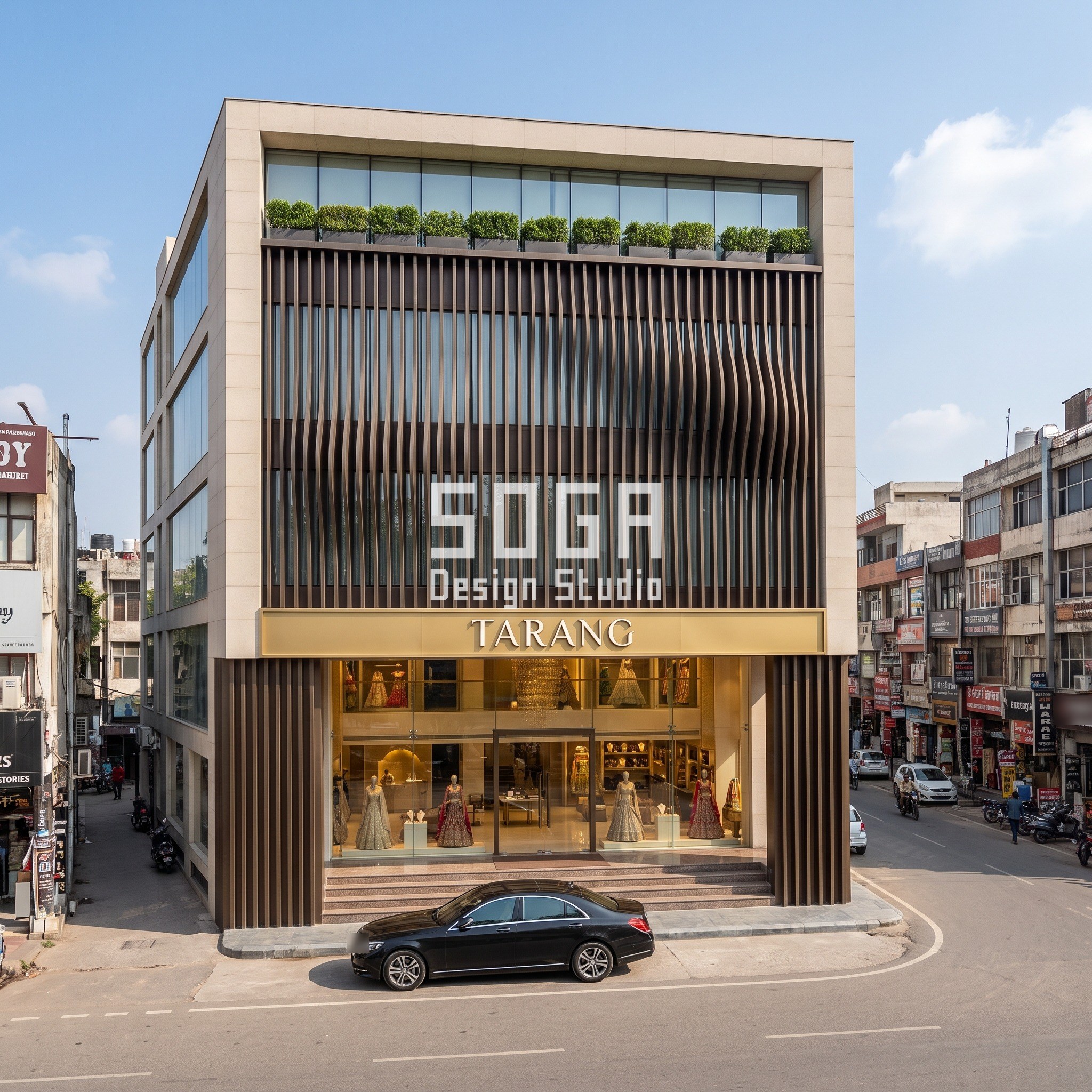 Bazaar Street Facade Design India: The 3-Second Read 5 Bridal showroom facade Chandigarh with dark bronze vertical fins in a sine wave - SOGA concept