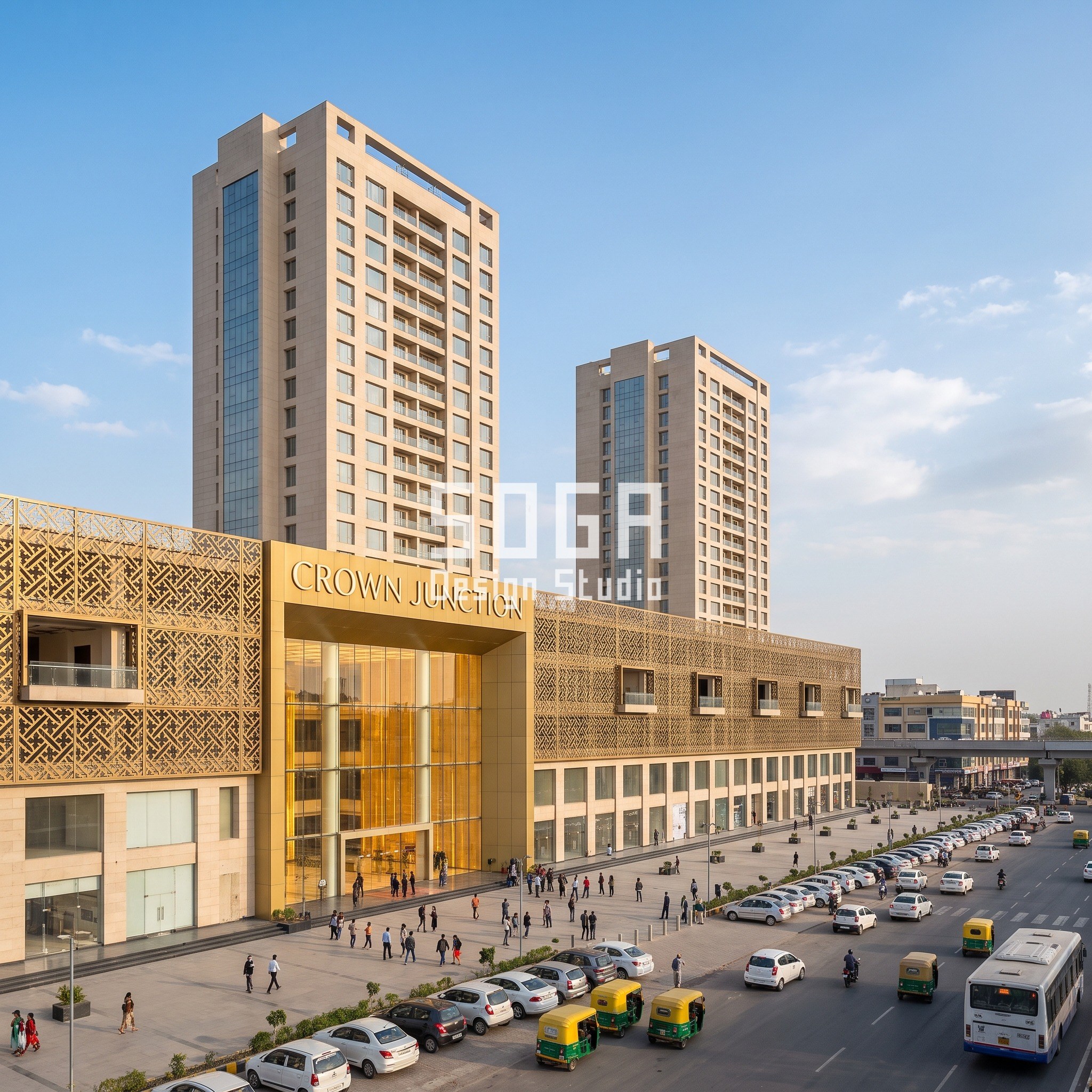 Multiplex Facade Design India: 5 Mall and Mixed-Use Concepts 2 Crown Junction concept in Jaipur: brass jaali screen with open ratio shifting 30 to 75 percent across a 220 m mall podium under two 18-storey office and hotel towers
