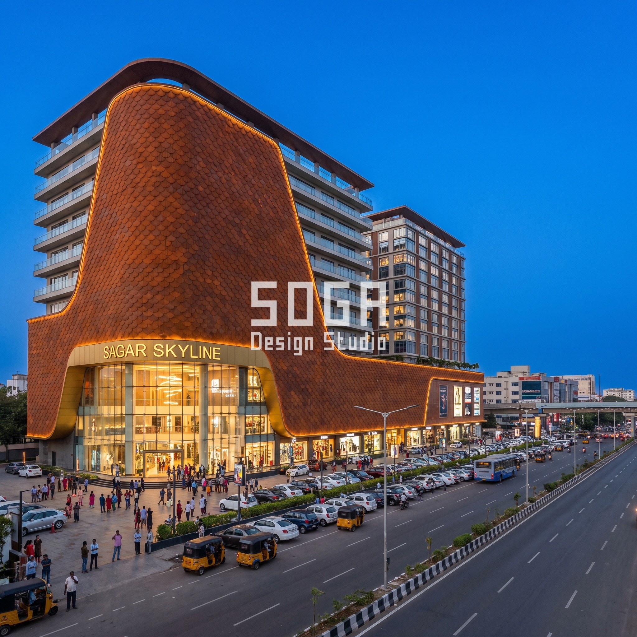 Multiplex Facade Design India: 5 Mall and Mixed-Use Concepts 4 Sagar Skyline concept in Chennai at blue hour: a curved rust-orange fish-scale shingle hero volume over a 200 m mall podium with residential and office towers above
