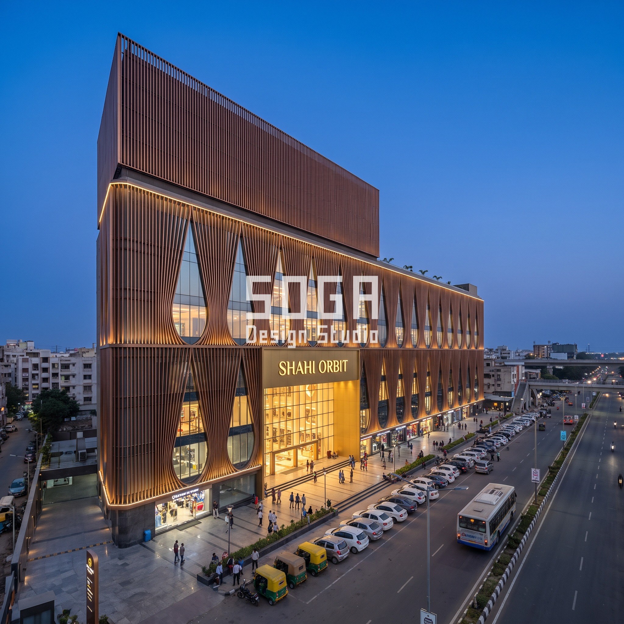 Multiplex Facade Design India: 5 Mall and Mixed-Use Concepts 3 Shahi Orbit concept in Surat at blue hour: copper-bronze fins parting like a stage curtain into 3 m teardrop windows and wrapping the windowless multiplex box of a 240 m mega mall