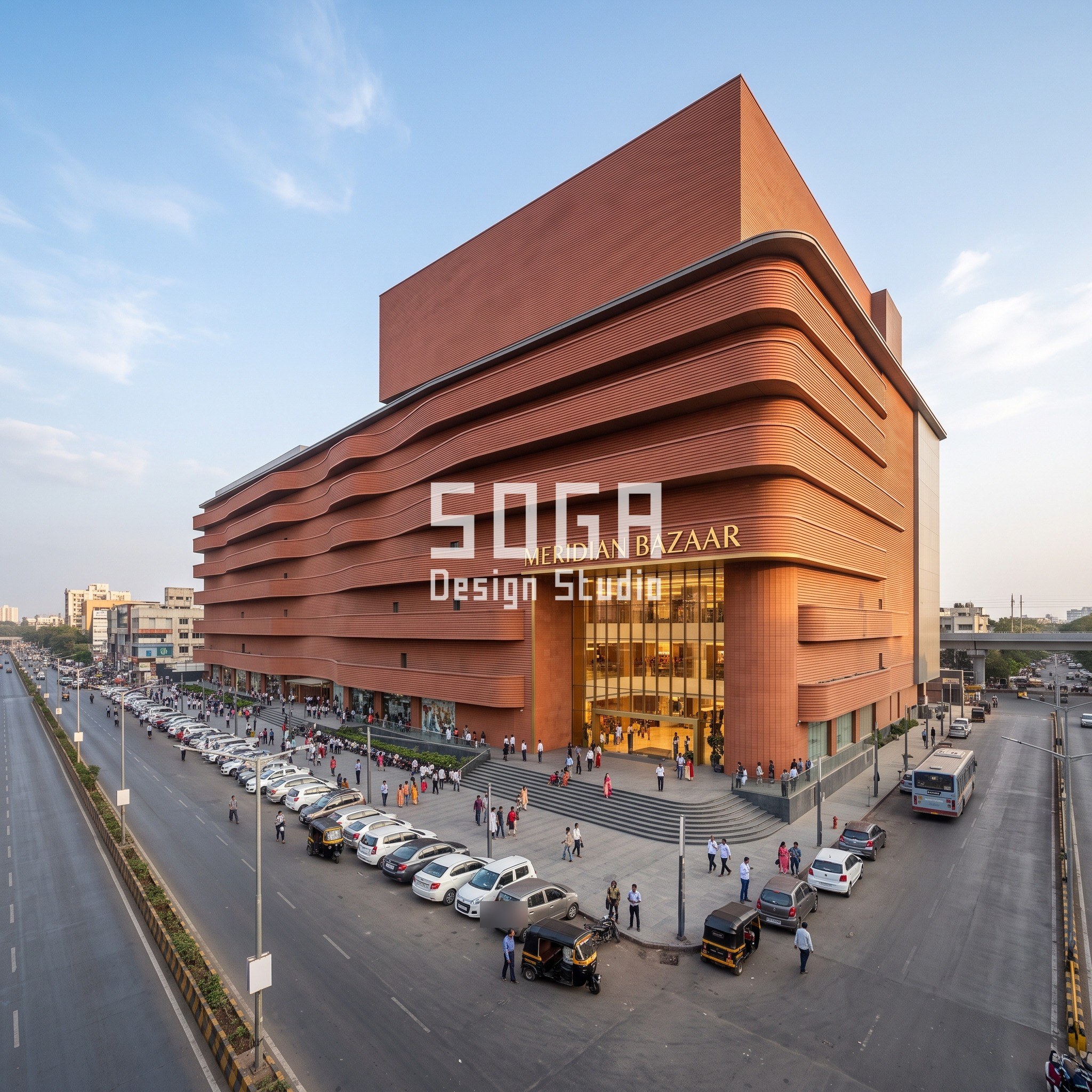 Multiplex Facade Design India: 5 Mall and Mixed-Use Concepts 1 Meridian Bazaar concept in Mumbai (Bandra): terracotta ribbed balcony trays stepping 900 mm per floor across a 260 m, six-storey mega mall with a windowless multiplex box on top