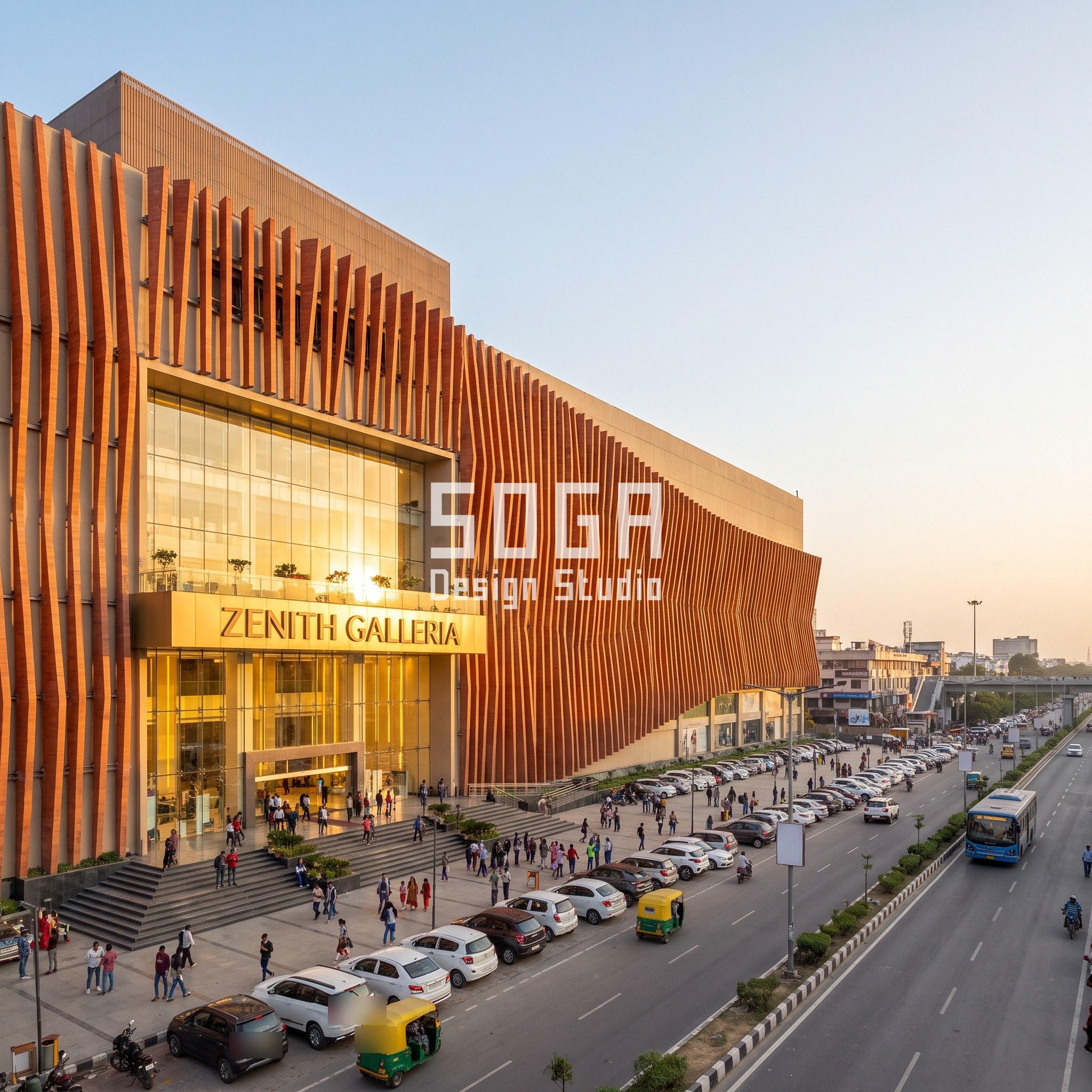 Multiplex Facade Design India: 5 Mall and Mixed-Use Concepts 5 Zenith Galleria concept in Lucknow at golden hour: terracotta fins twisting 0 to 80 degrees along their height across a 280 m, seven-storey mega mall