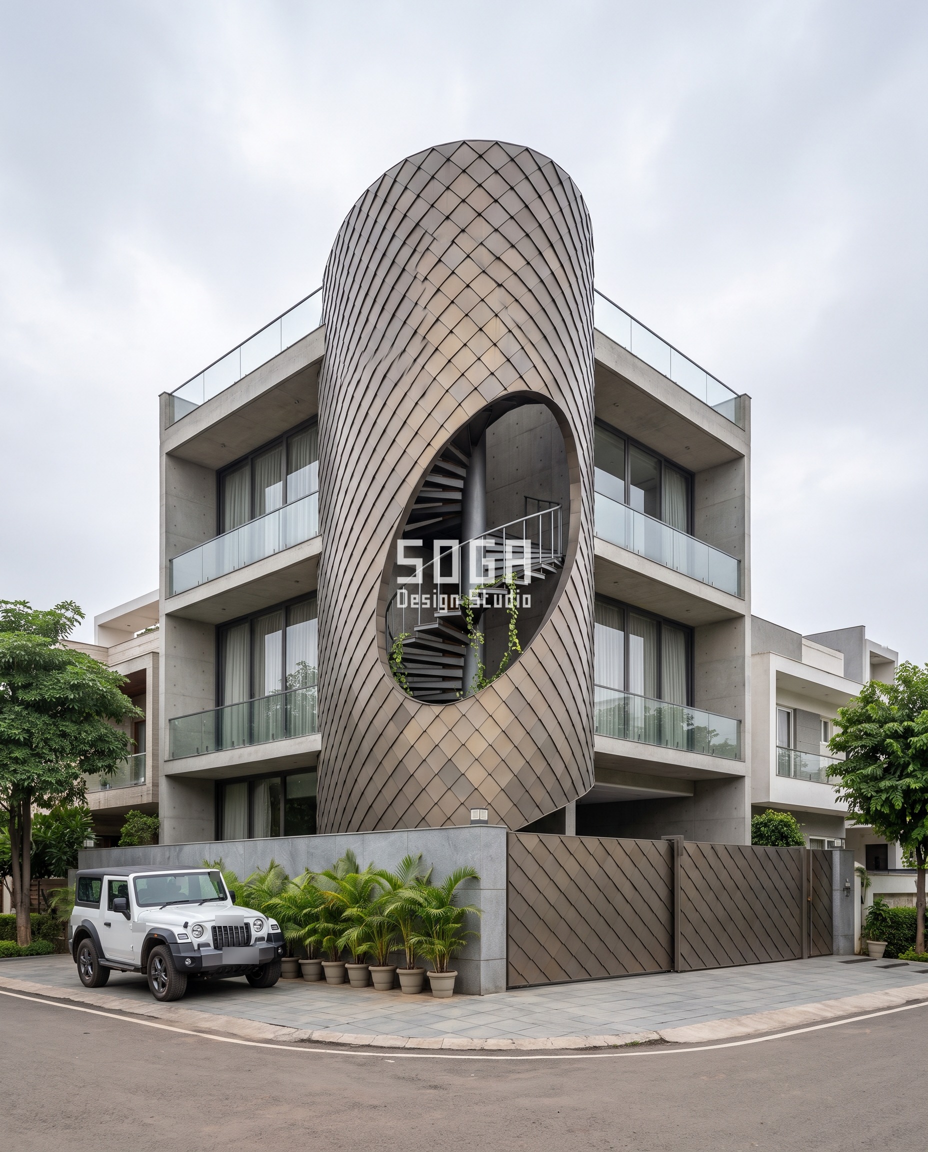 Staircase Elevation Design: Light Low, Vent The Mumty 4 Corner staircase elevation design in Raipur, a bronze diamond-shingle shell twisting around a spiral stair with a large oval cut-out showing the treads