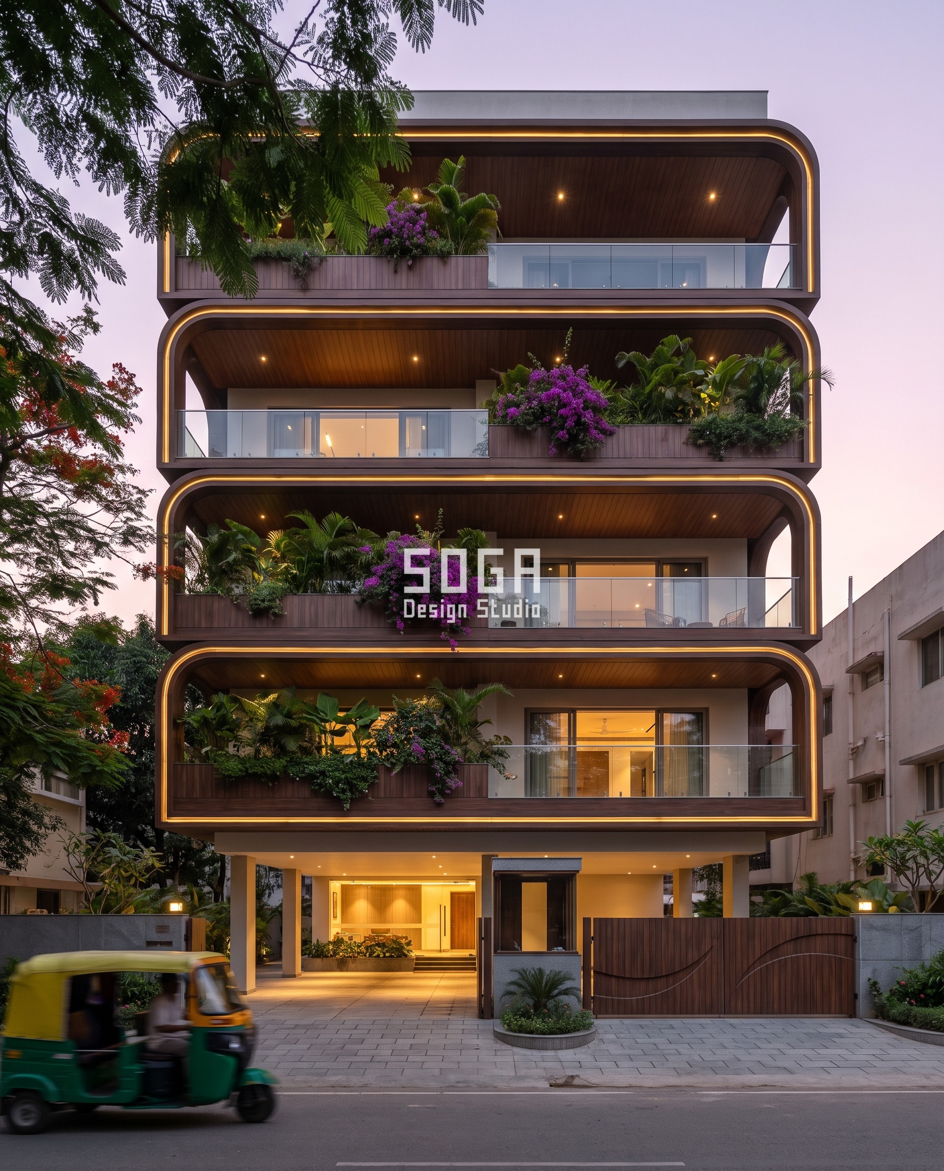 Climb-Proof House Elevation Design India: Starve the Base 5 Climb-proof house elevation design in Bengaluru at dusk: stacked walnut wood-finish aluminium arch loops 500 mm deep, each outlined by a hidden warm LED cove, wrap every balcony in a smooth unbroken frame that offers no edge to hold.