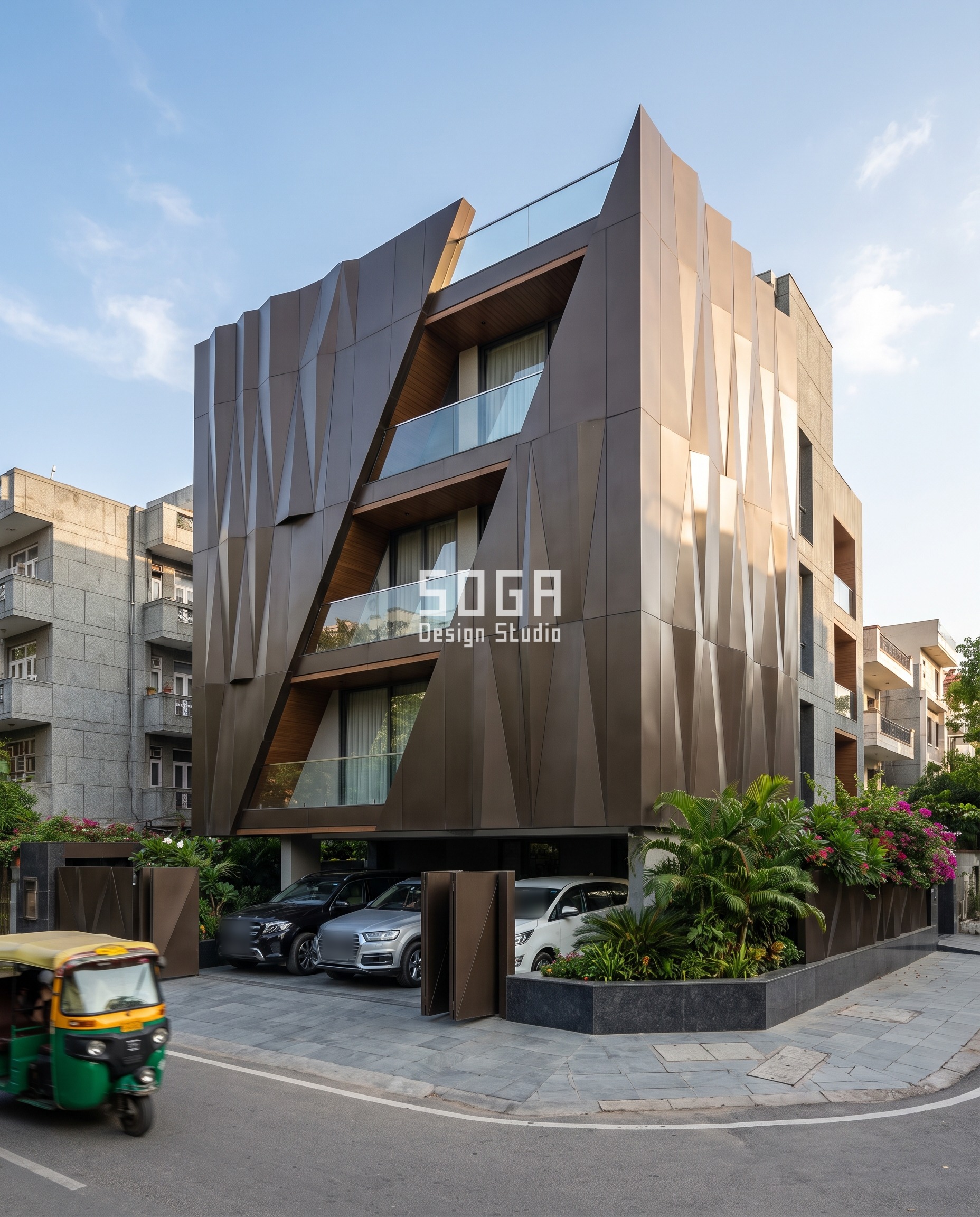 Climb-Proof House Elevation Design India: Starve the Base 2 Climb-proof elevation design on a South Delhi corner house, where a dark bronze faceted relief skin splits diagonally across the floors and its creases tilt between 4 and 25 degrees, shading the glass balconies without leaving a flat foothold.