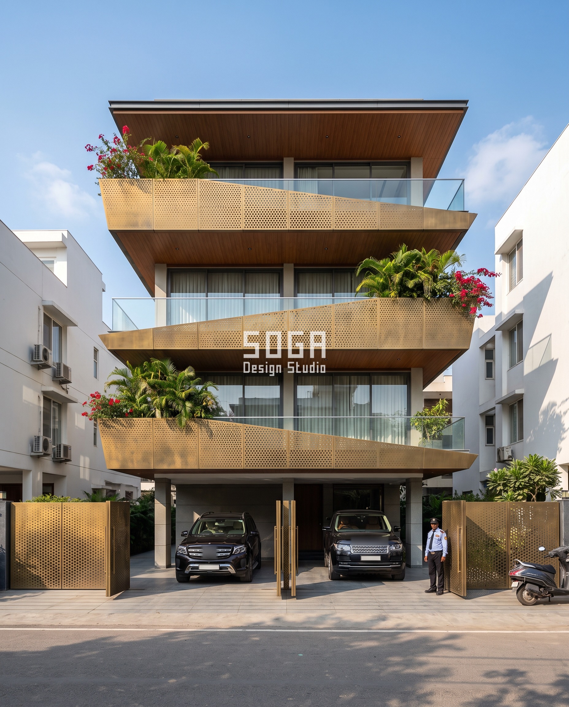 Climb-Proof House Elevation Design India: Starve the Base 3 Climb-proof house elevation design in Gurugram: perforated antique brass balcony trays taper to knife-edge points across a G+3 frontage, their hole diameter graded 14 mm low to 40 mm at the parapet so the screen thins as it rises out of reach.