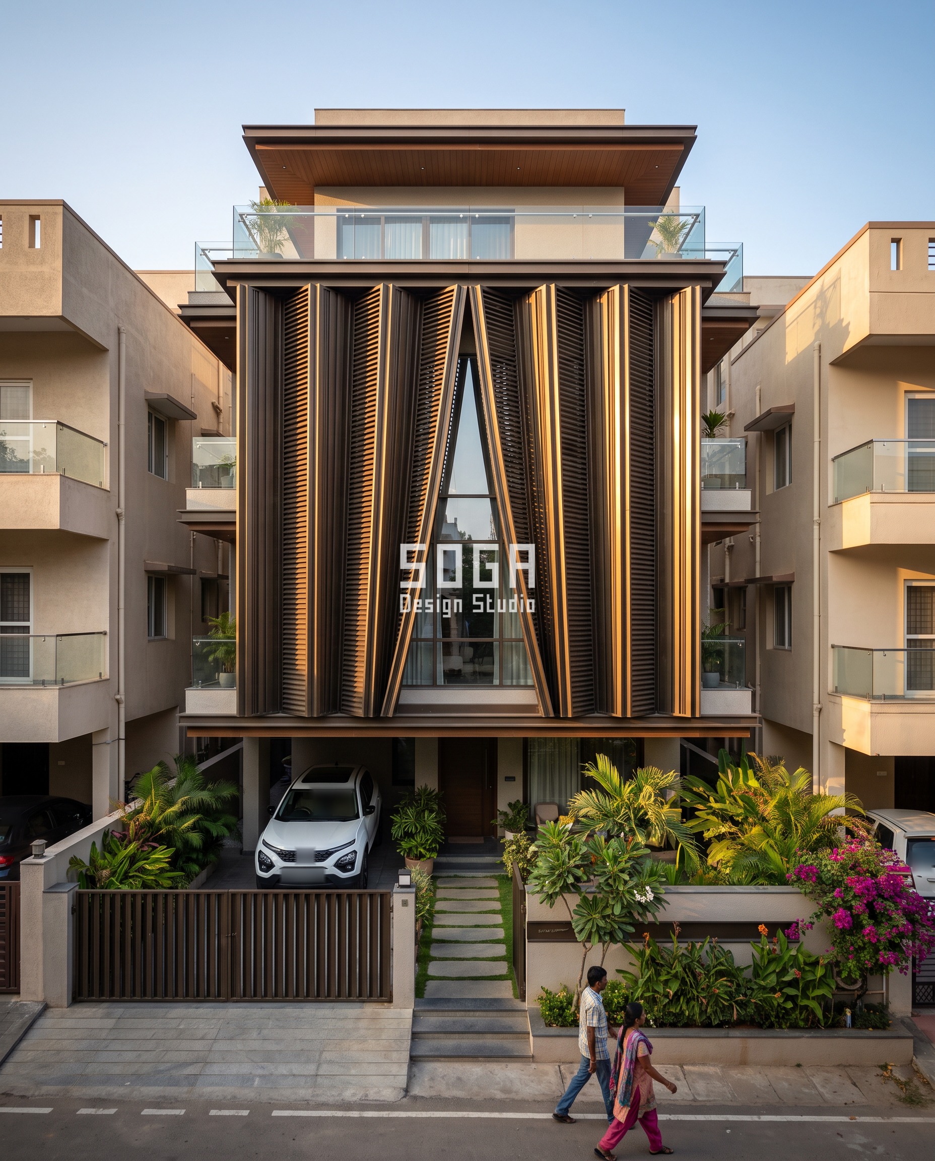 Climb-Proof House Elevation Design India: Starve the Base 4 Climb-proof elevation on a Chennai villa where dark bronze fins 80 by 175 mm at 180 mm centres hang like a drawn curtain, billowing up to 700 mm and parting at the centre over a tall pointed glass opening with nothing wide enough to grip.