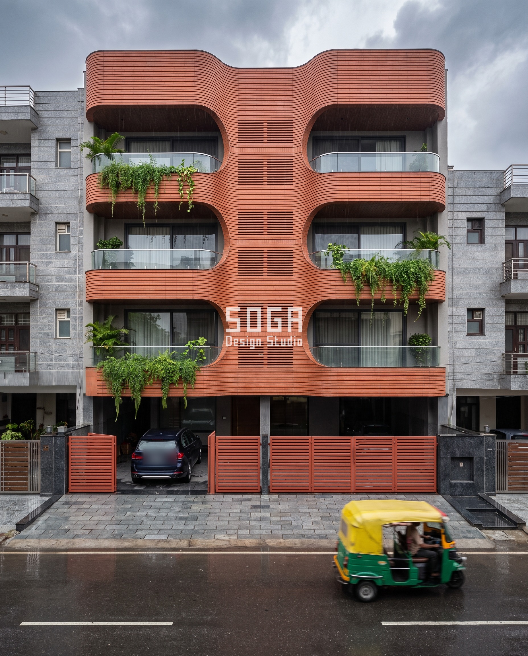Climb-Proof House Elevation Design India: Starve the Base 6 Climb-proof house elevation design in Ludhiana: a G+3 residence over stilt parking whose ribbed terracotta slab-edge ribbons swell into rounded balcony lobes and run unbroken from party wall to party wall, the lowest band pulled back to 25 mm so the deep lobes start a floor higher.