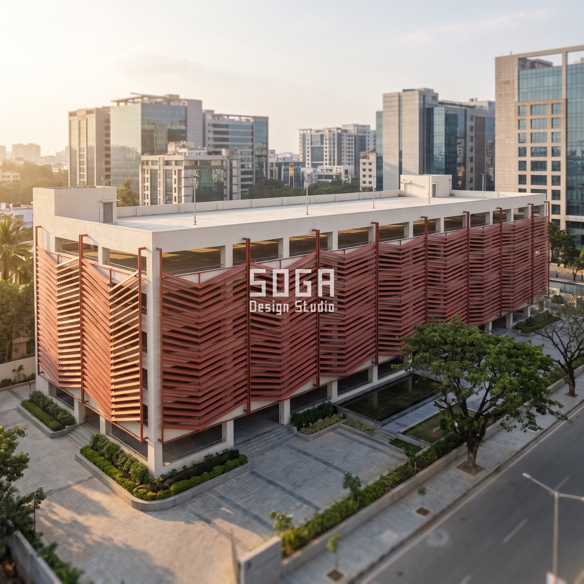 Car park facade design in Hebbal, Bengaluru: G+5 open-deck hospital car park with terracotta-red steel chevron louvres whose V angle flattens across the face, empty decks - SOGA Design Studio