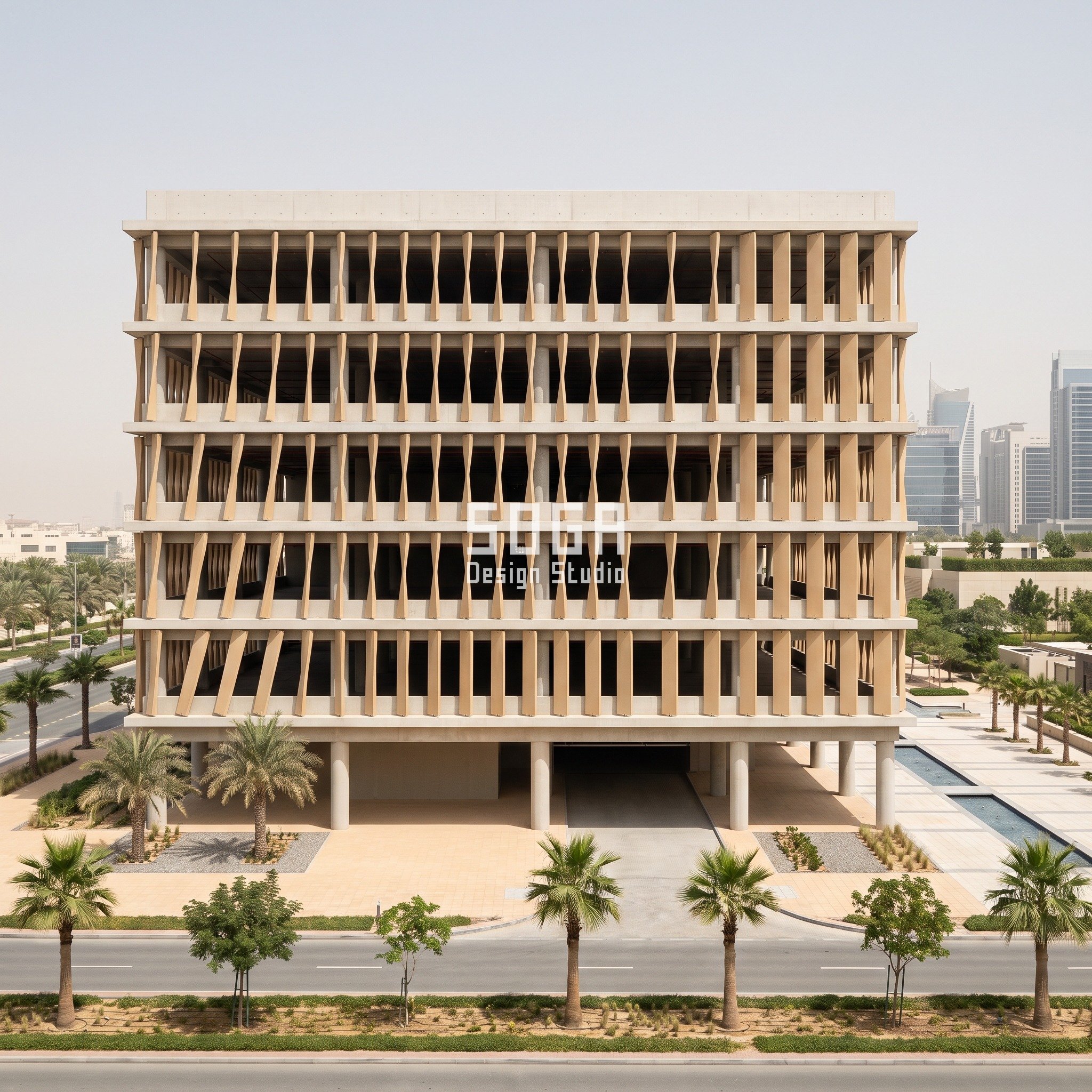 Multi storey car park facade in Dubai Silicon Oasis: G+5 open-deck parking podium with storey-tall sand-beige GRC blades twisting from 40 to 90 degrees, ramp entrance at centre - SOGA Design Studio