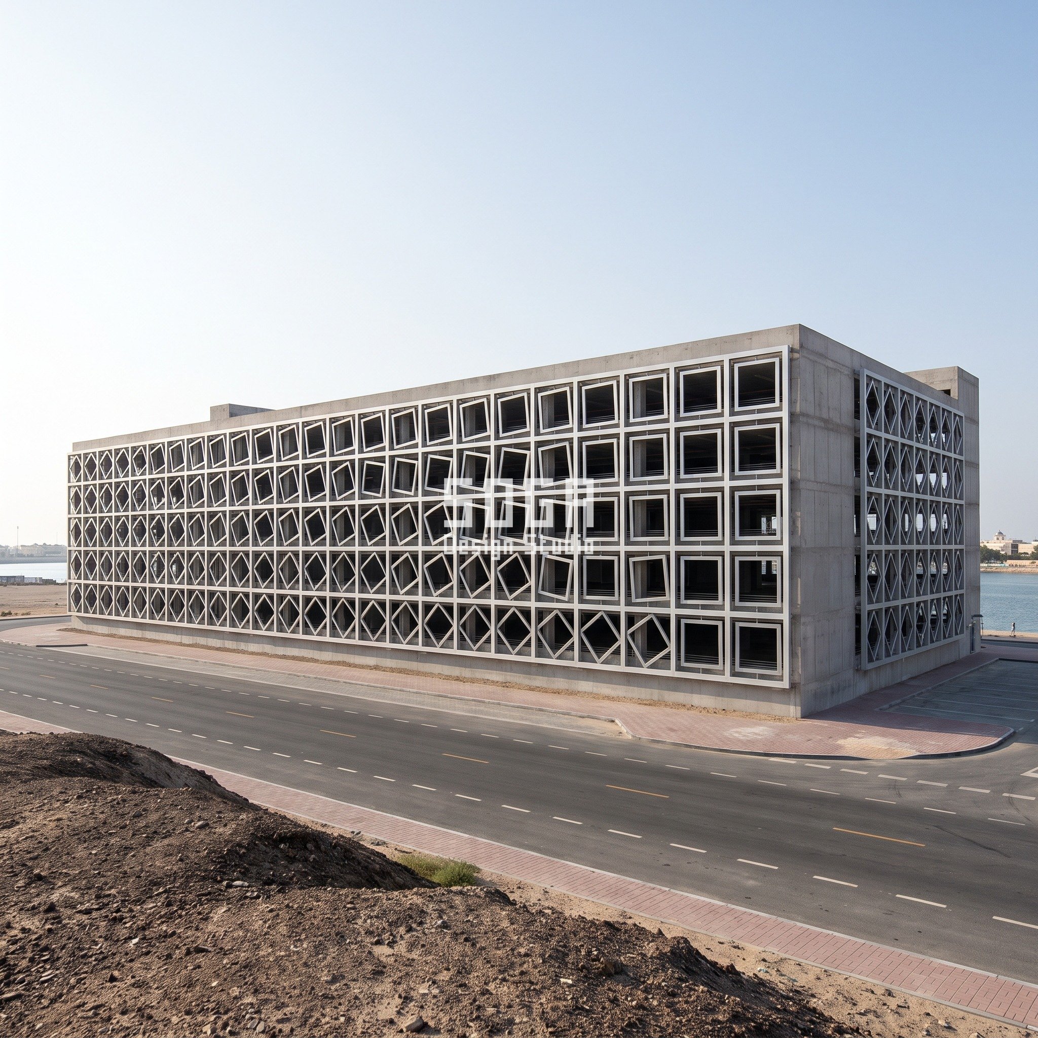 Parking structure facade design in Ras Al Khaimah: long low open-deck car park in a silver anodised square grid whose inner rings rotate towards the sea, diamonds on the return face - SOGA Design Studio