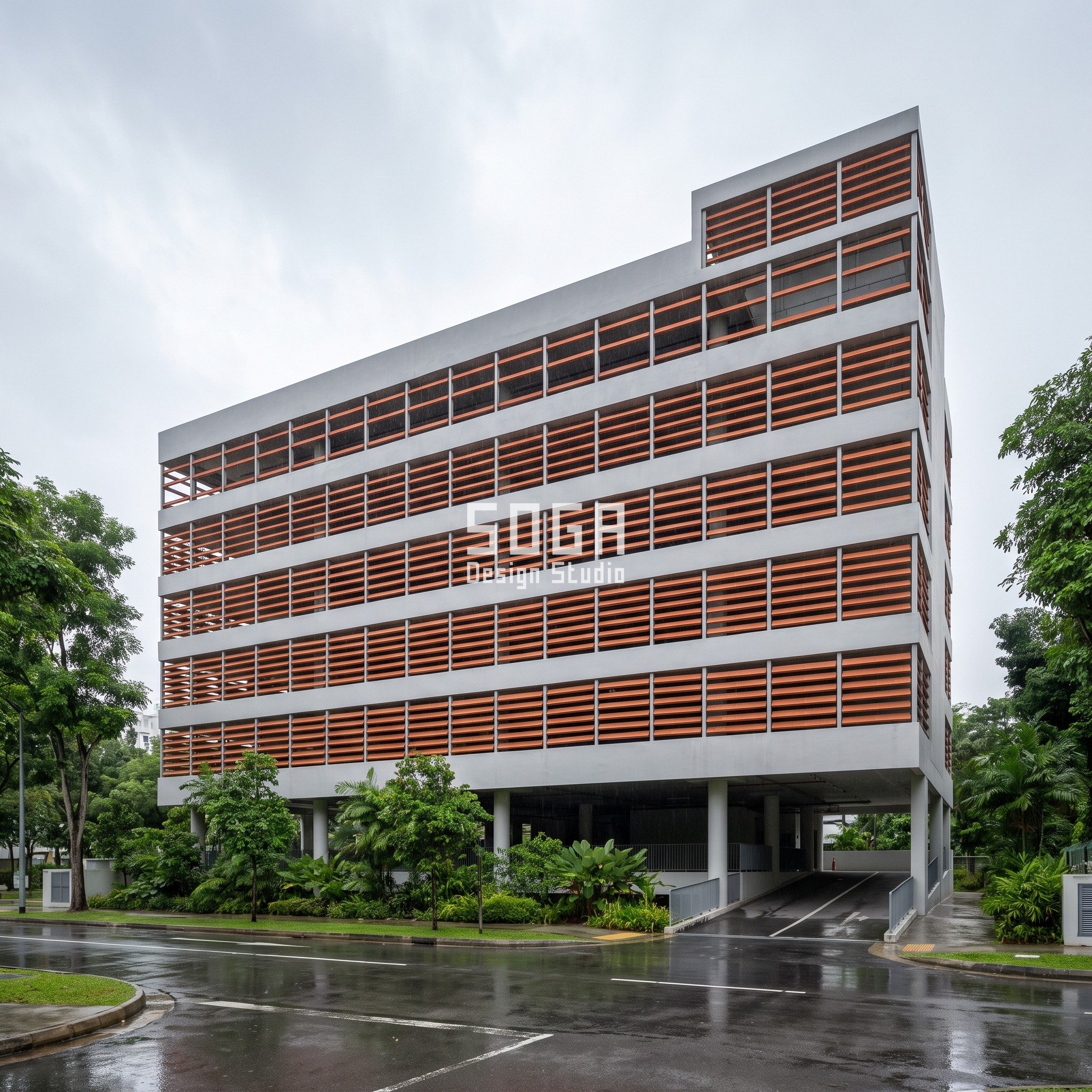 Car park screen facade in Jurong East, Singapore: G+6 open-deck car park with full-width red-orange terracotta baguette bands, fewer baguettes on the upper decks, rain-wet street - SOGA Design Studio