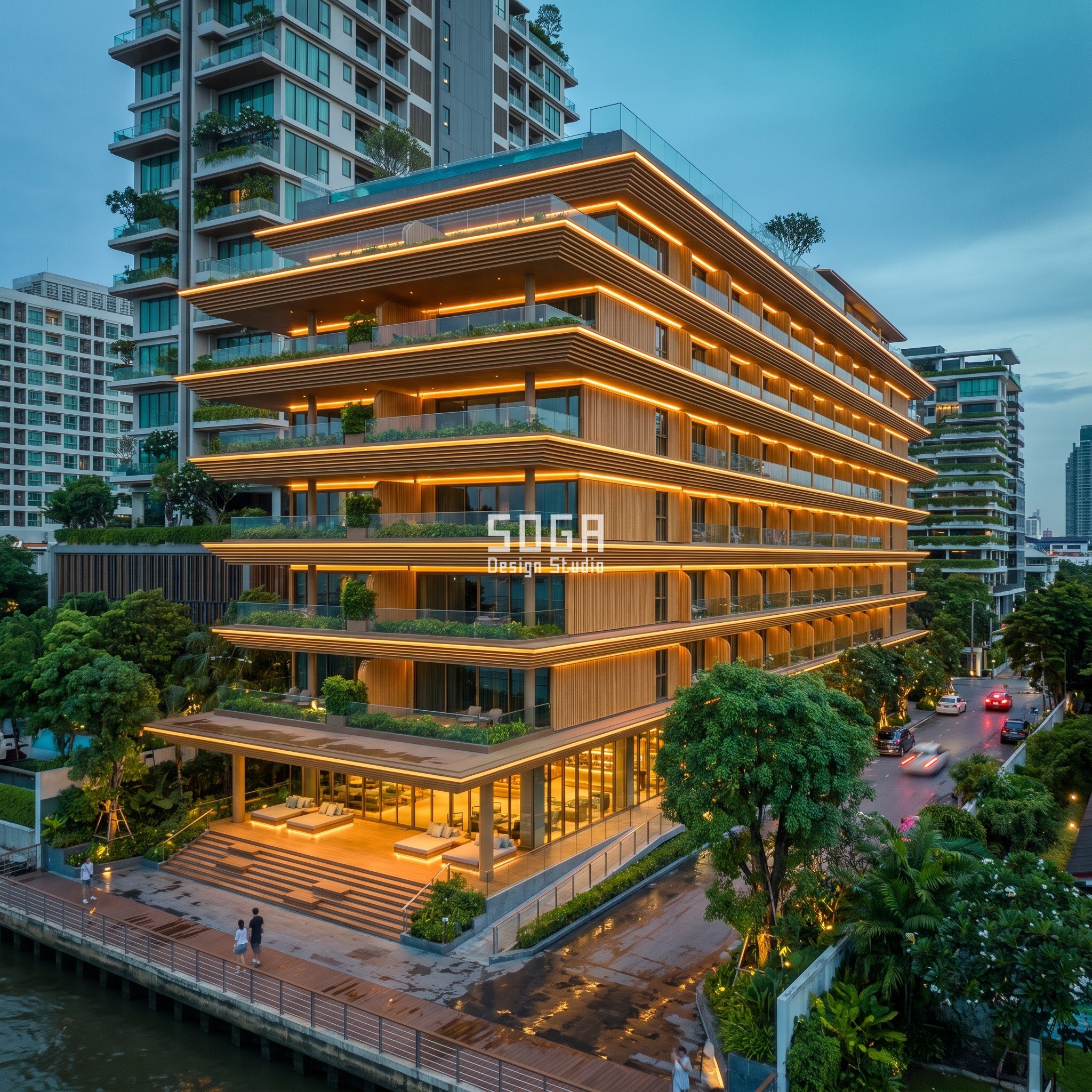 Shopping Mall Facade Design Singapore: GPR Terrace Guide 4 Bangkok: an 18,000 sq m resort podium hotel on the Sukhumvit riverside with 210 basement bays. Six stacked terrace trays cantilever from 1.0 m to 4.2 m toward the river, faced in warm honey-tan timber-look metal slats.