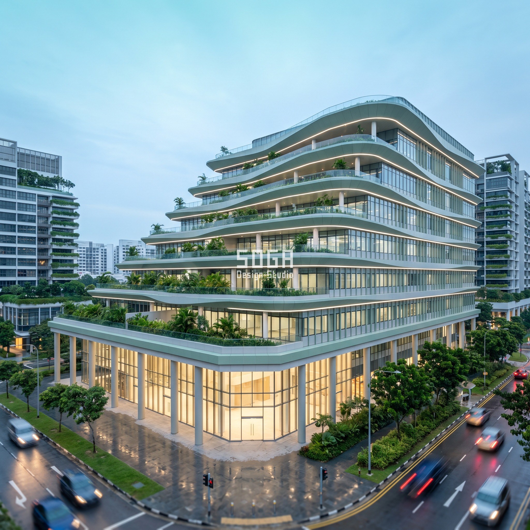 Shopping Mall Facade Design Singapore: GPR Terrace Guide 1 Singapore: a 30,000 sq m stand-alone mall on a 5,400 sq m Jurong East corner plot with 480 basement bays. The terrace depth grows from 2.0 m to 6.5 m and the wave-fascia amplitude from 150 mm to 450 mm across eight cascading levels, meeting a 30 percent Green Plot Ratio target in soft sage-green anodised metal.