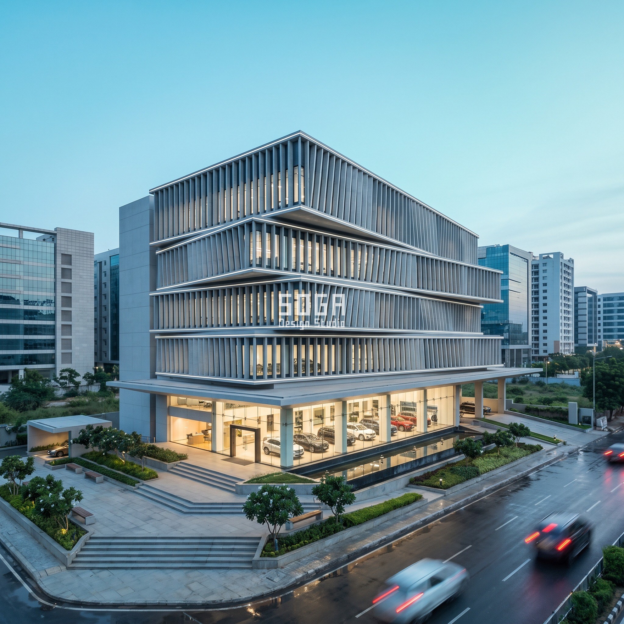 Shopping Mall Facade Design Singapore: GPR Terrace Guide 5 Hyderabad: a 6,500 sq m automotive showroom pavilion on the Gachibowli corridor with 90 basement bays. Four floor plates rotate from 0 to 24 degrees around the twisted corner, clad in cool grey Kota-look natural stone piers against deep graphite glass.