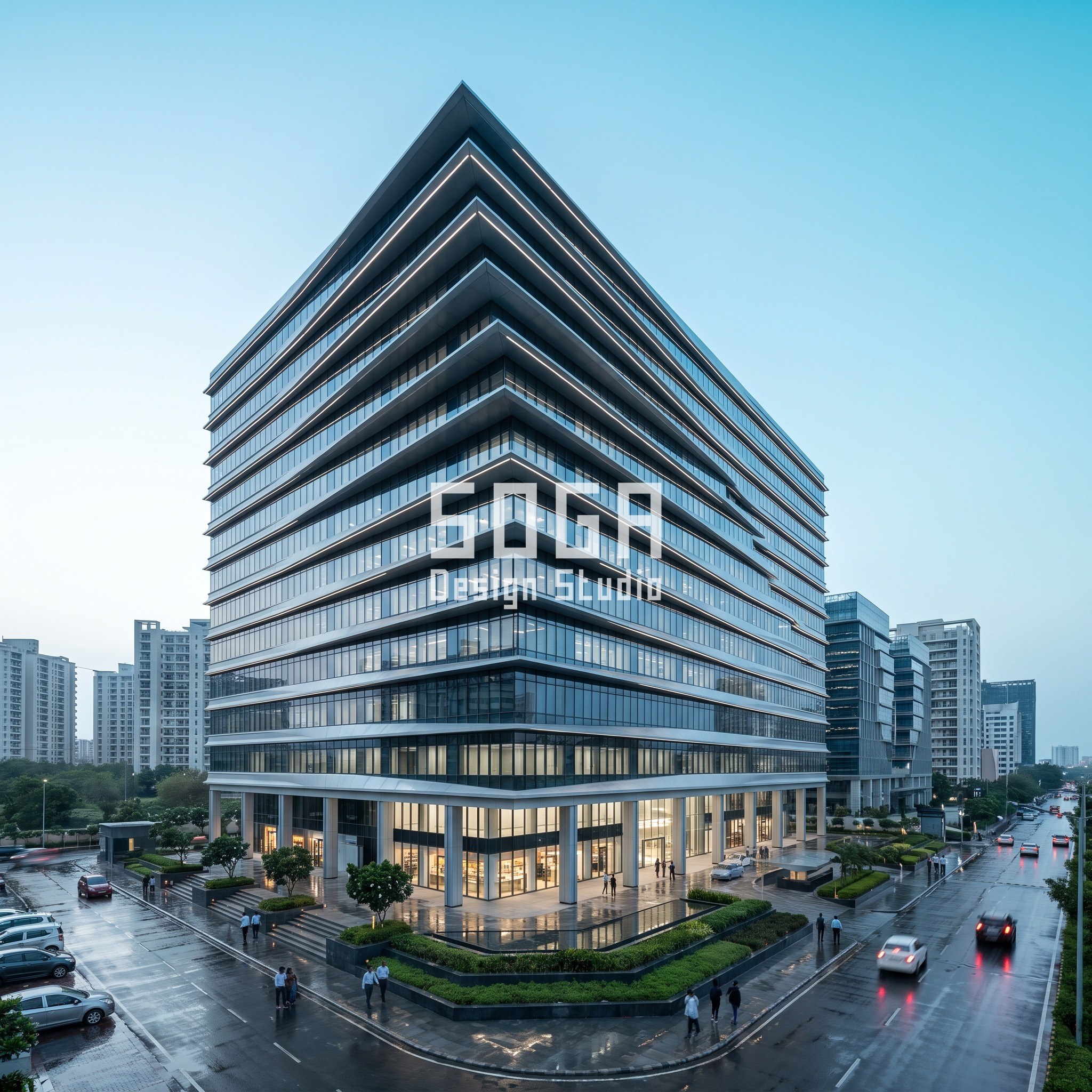 Gurugram: a 42,000 sq m G+14 corporate headquarters tower on a 55 m Golf Course Extension Road corner plot with 480 basement bays. Twelve fin-ledges rotate from 4 to 34 degrees around the radial core to self-shade the west face, in a cool silver anodised finish against charcoal glass.