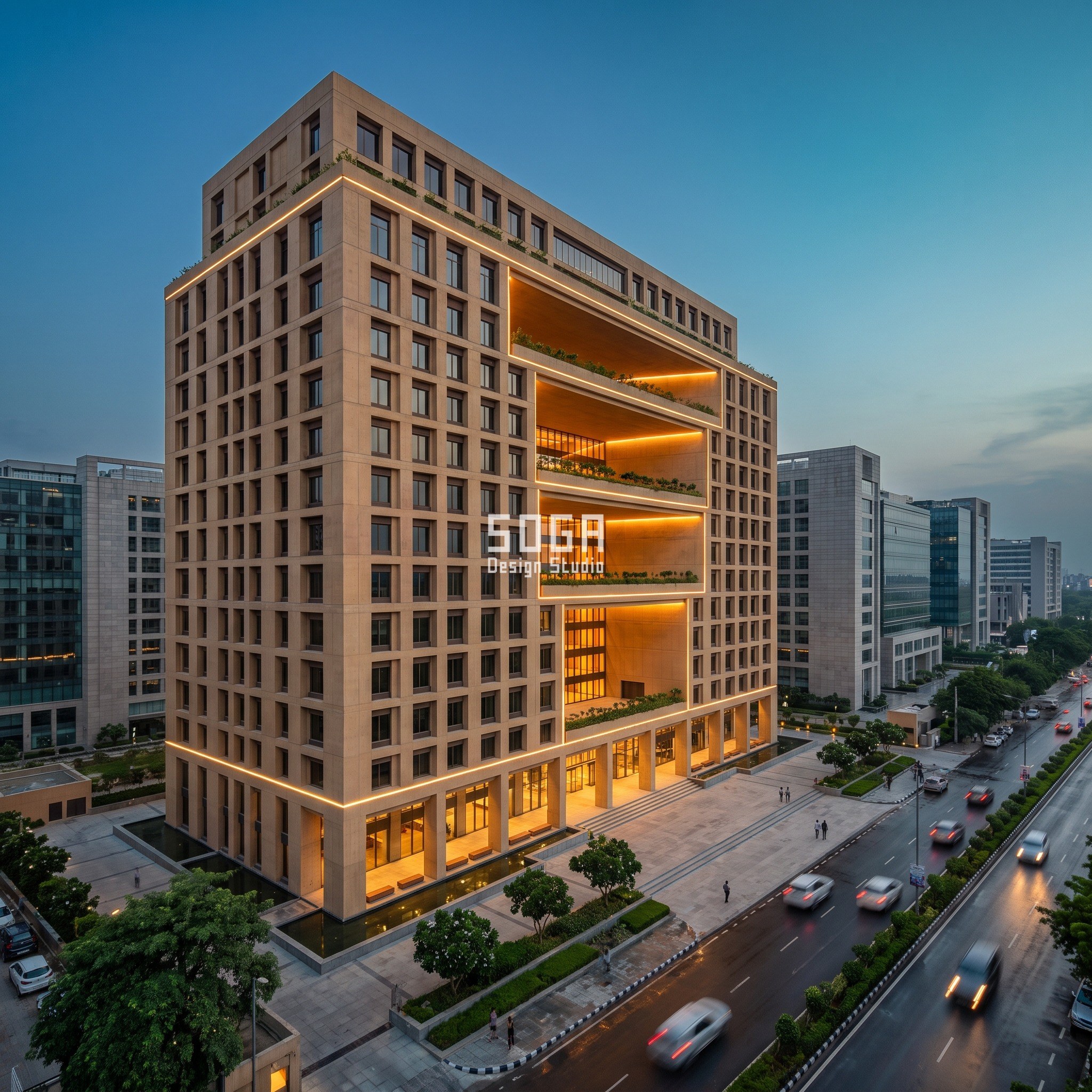 Shopping Mall Facade Design Singapore: GPR Terrace Guide 2 Gurugram: an 18-storey, 55,000 sq m office tower on Golf Course Extension Road with 620 basement bays. A full-height atrium void widens from 8 m to 20 m and its planting trough from 0.6 m to 1.8 m across five ringed levels, cast in warm sand board-formed precast concrete.