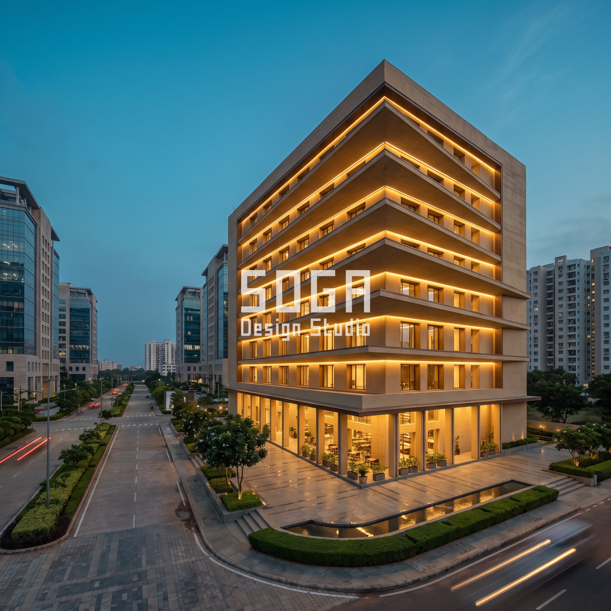 Bhubaneswar: a 9,500 sq m G+7 coworking building on a 42 m Infocity-Chandaka corner plot with 140 basement bays. The floor-plate cantilever grows from 0 mm to 4,500 mm across eight stepped trays tuned to Bhubaneswar's 85-degree solar altitude, cast in warm sand-beige board-formed precast concrete.