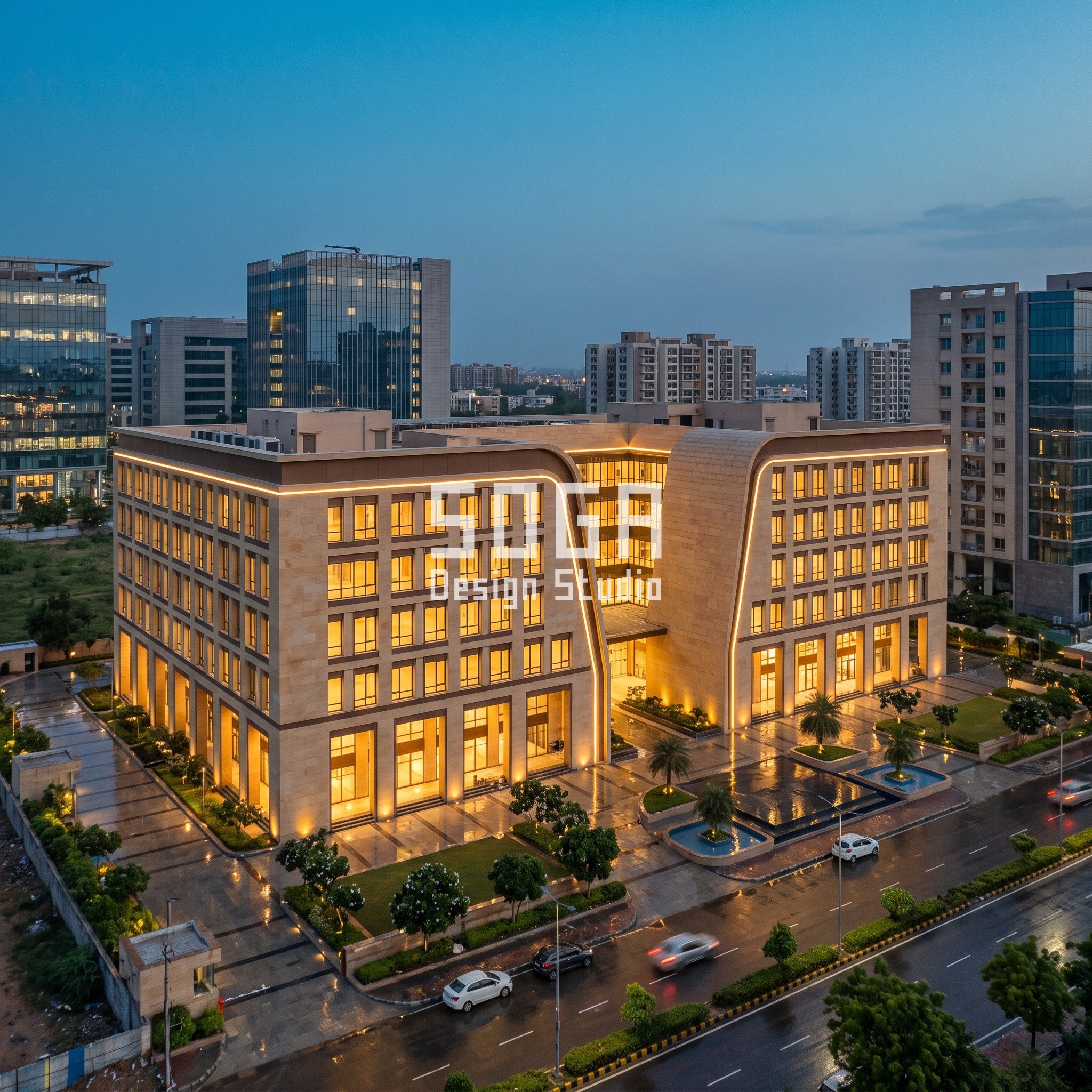 Jaipur: an 11,000 sq m G+5 design-institute campus on a 60 m Jagatpura frontage with 160 surface and basement bays. A public canyon cut through the block widens from 3.6 m to 7.2 m across seven bays toward the courtyard, faced in honed warm sandstone-beige stone piers.